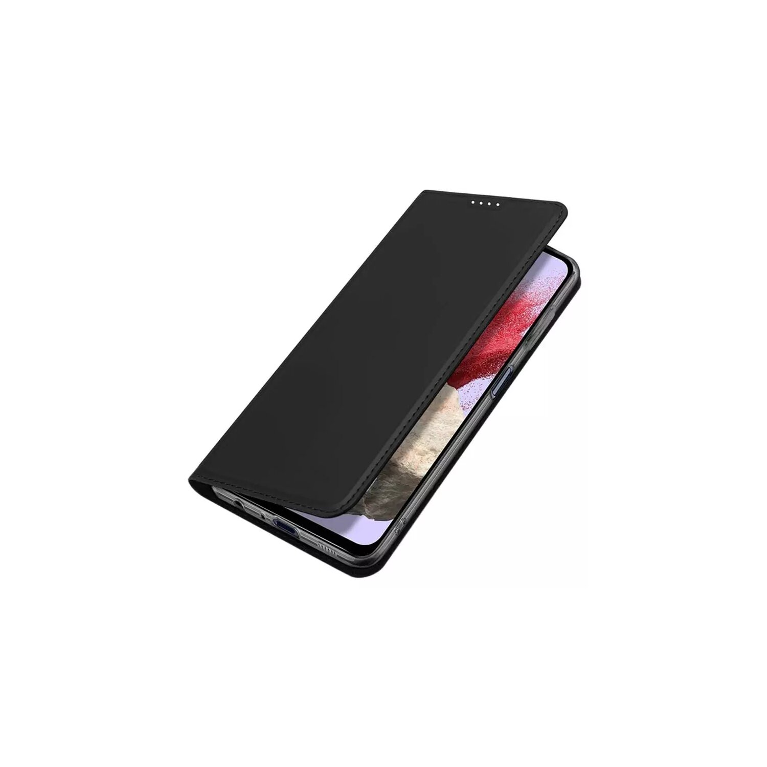 Schwarze Handyhülle mit teilweise eingelegtem Telefon, geöffnet, auf weißer Oberfläche.