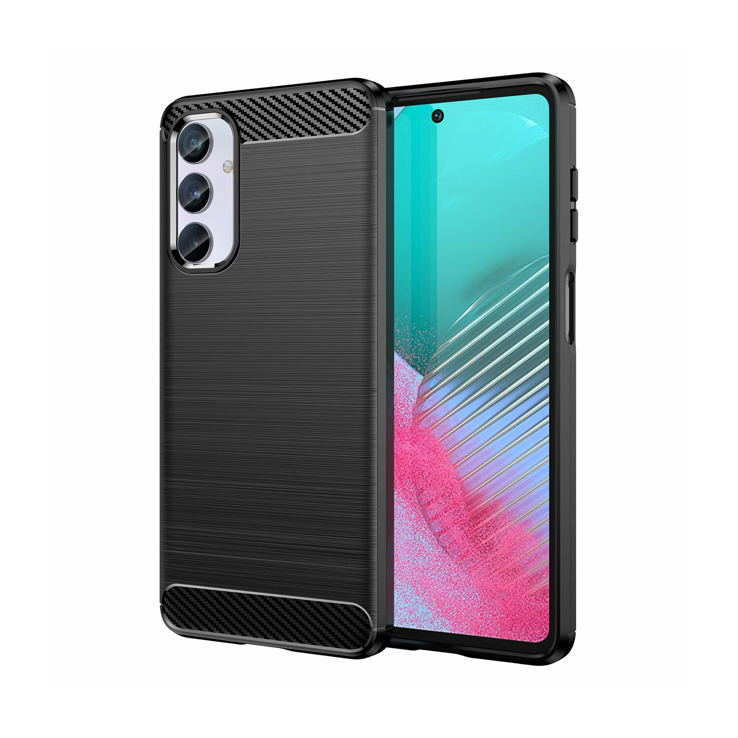 Custodia nera per telefono con telefono all'interno. La custodia ha un design strutturato.