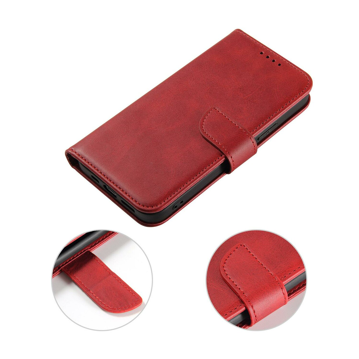 Rote Leder-Handyhülle, geschlossen, mit Lasche und Magnetverschluss. Nahaufnahme von Lasche und Verschluss.