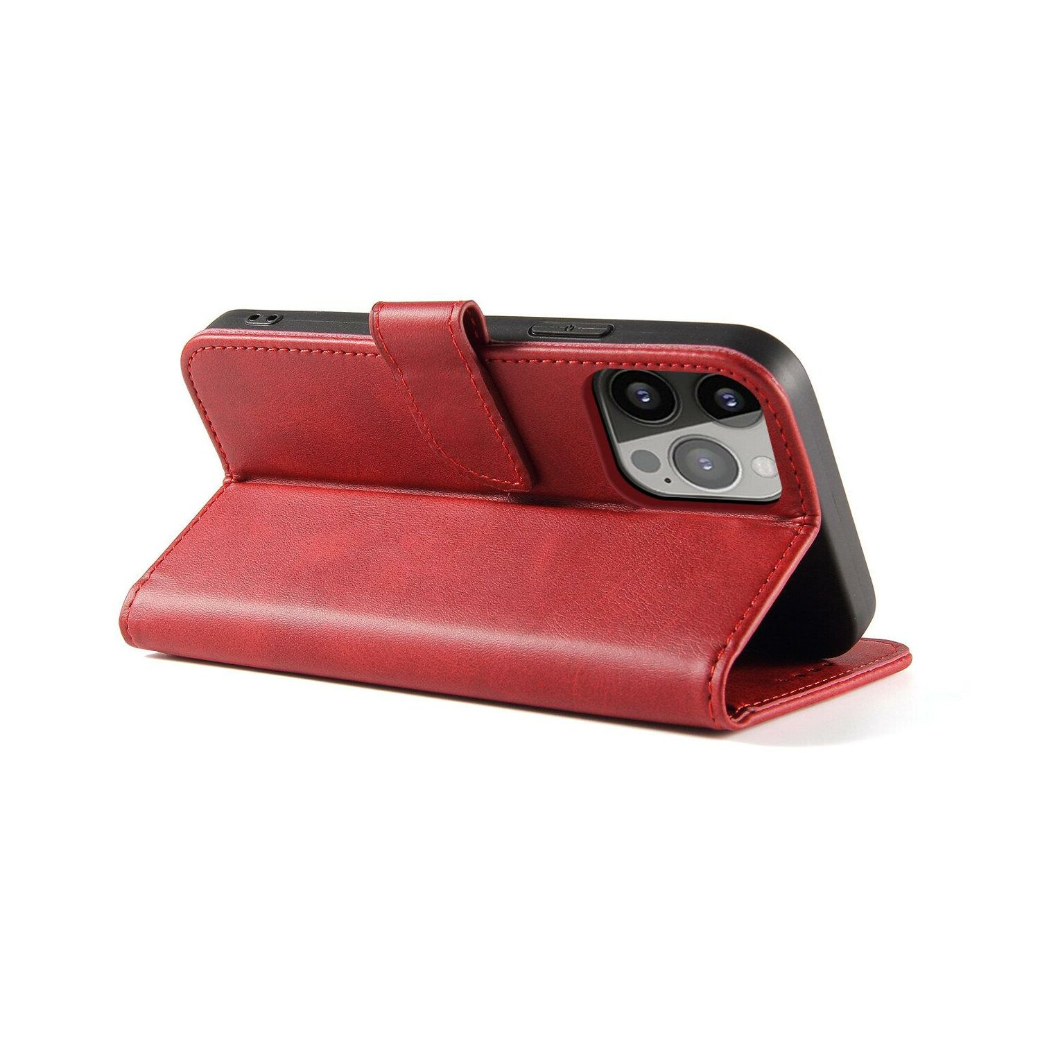 Rote Leder-Handyhülle, offen, mit Telefon im Inneren. Knopfverschluss. Schwarzes Telefon, weißer Hintergrund.