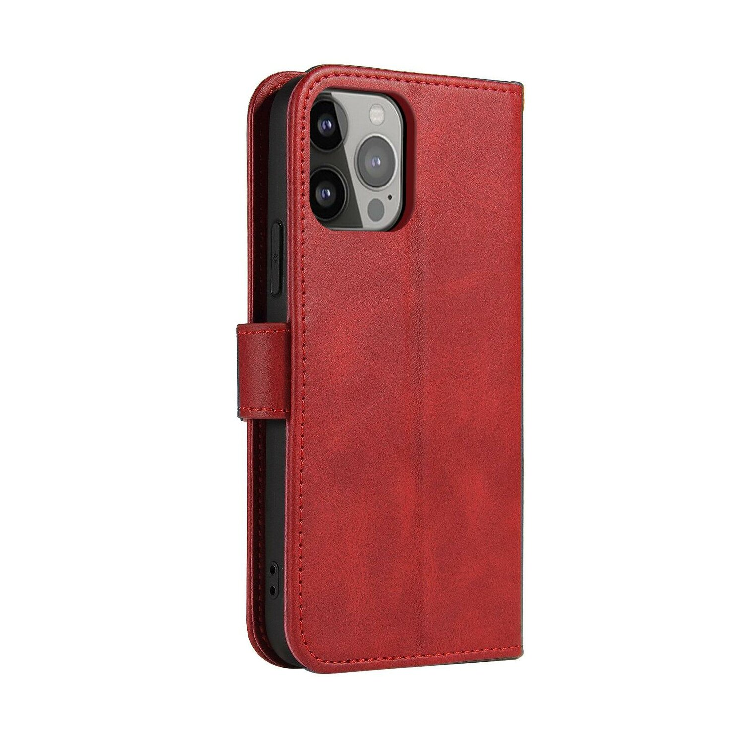 Rote Leder-Handyhülle mit Klappe und Magnetverschluss, geschlossen. Der Hintergrund ist weiß.
