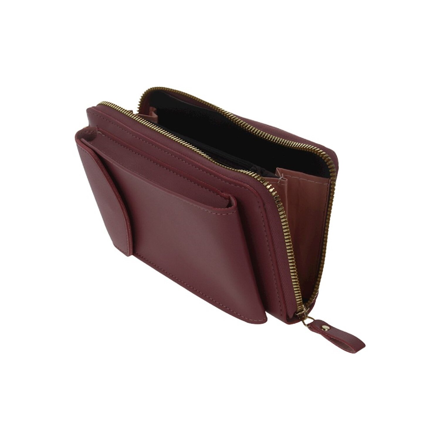 Eine bordeauxfarbene Ledergeldbörse, geöffnet, um ein Reißverschlussfach und eine kleine Tasche zu zeigen.