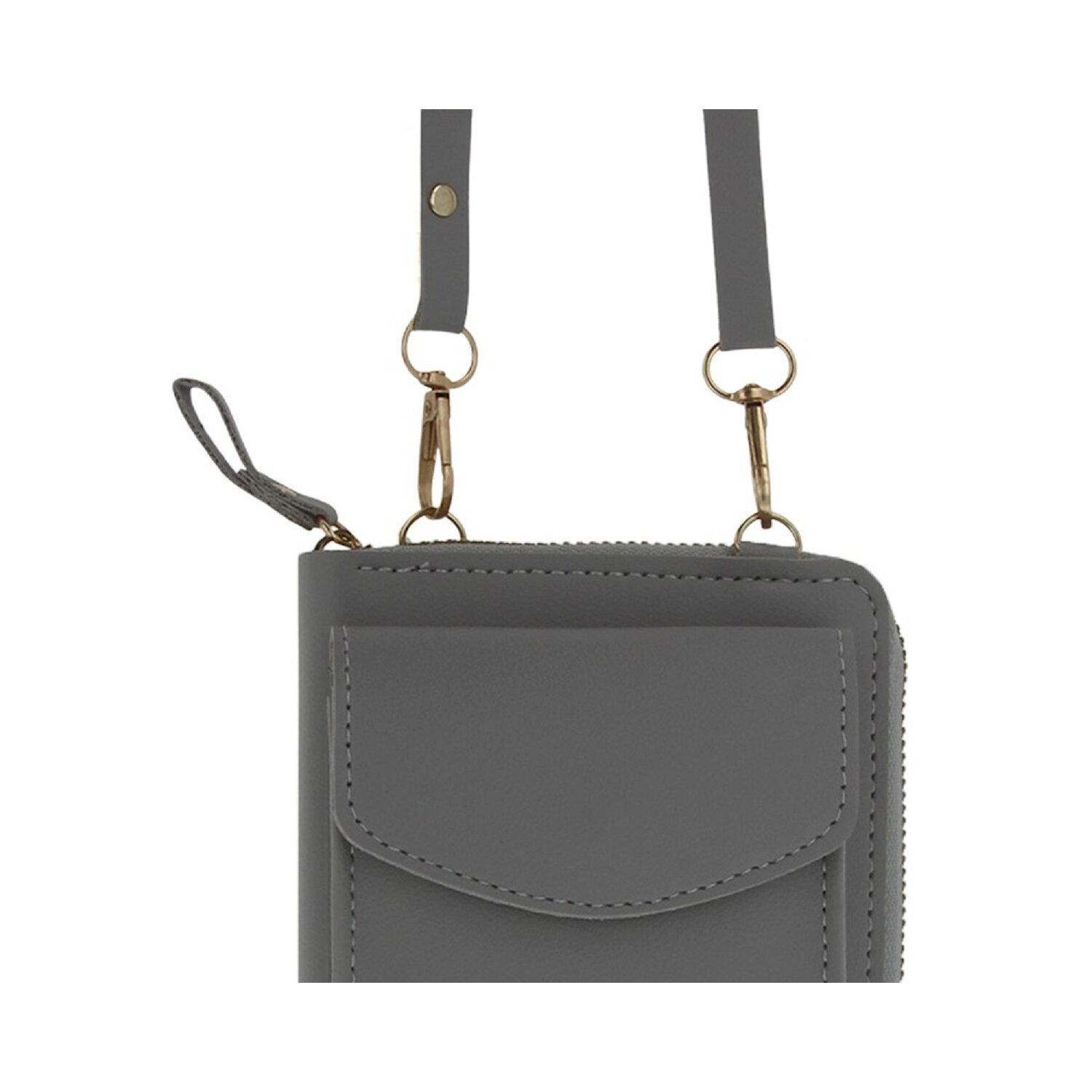 Graue Geldbörse mit Riemen und Vordertasche. Goldfarbene Details sichtbar.