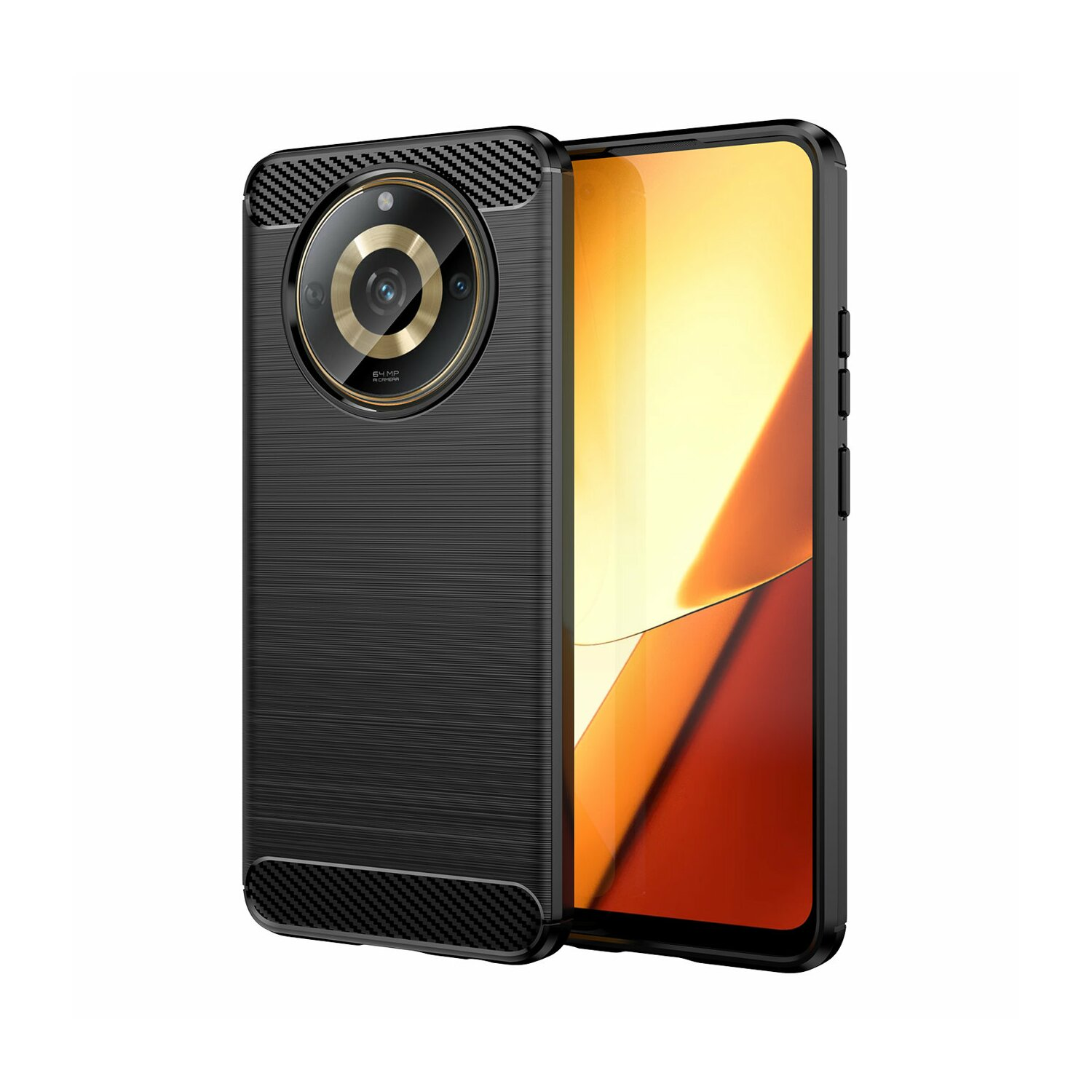 Custodia per telefono nera con obiettivo della fotocamera. Il telefono mostra uno schermo arancione.