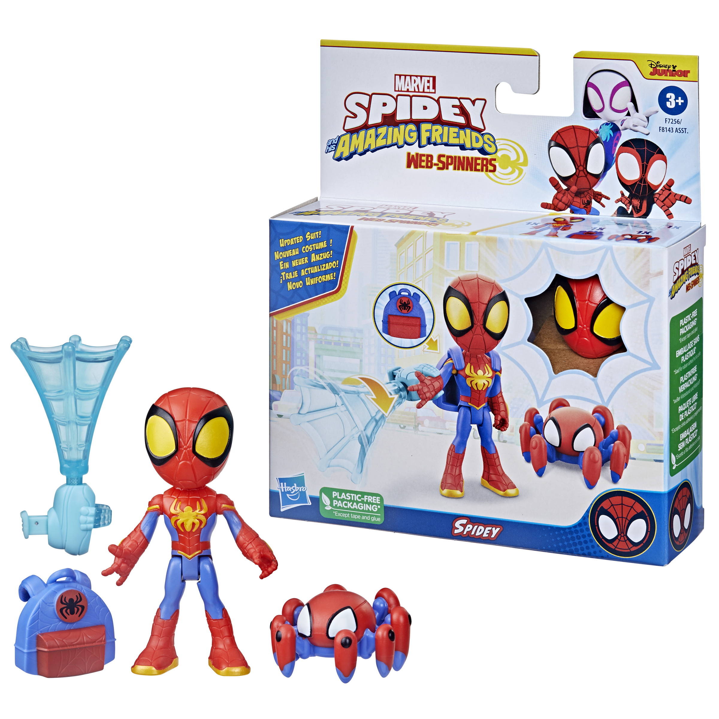 Set de juguetes Spidey and Friends: Spidey, una araña y un lanzador de telarañas en una caja con un fondo.