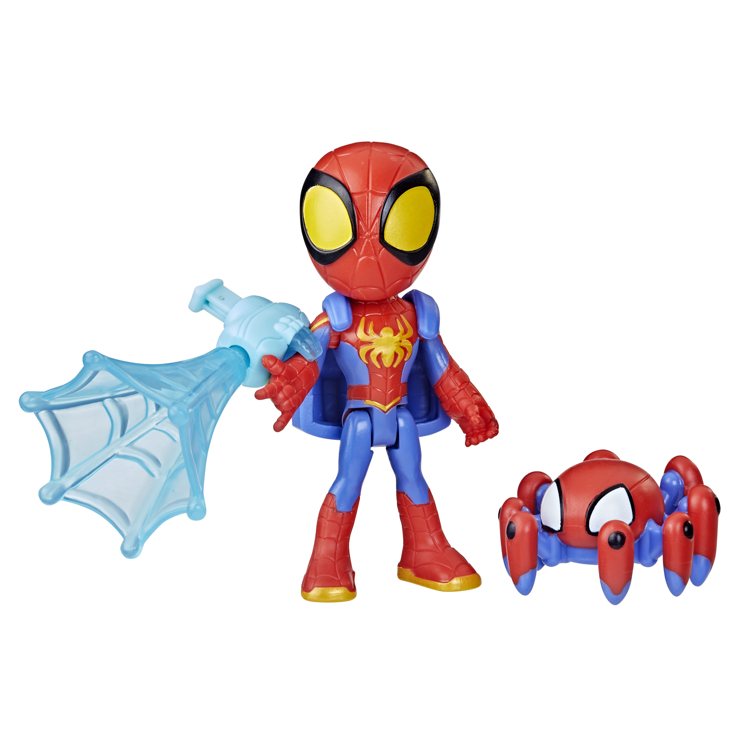 Figura de Spider-Man con lanzador de telarañas y araña compañera. La figura está en una pose heroica.