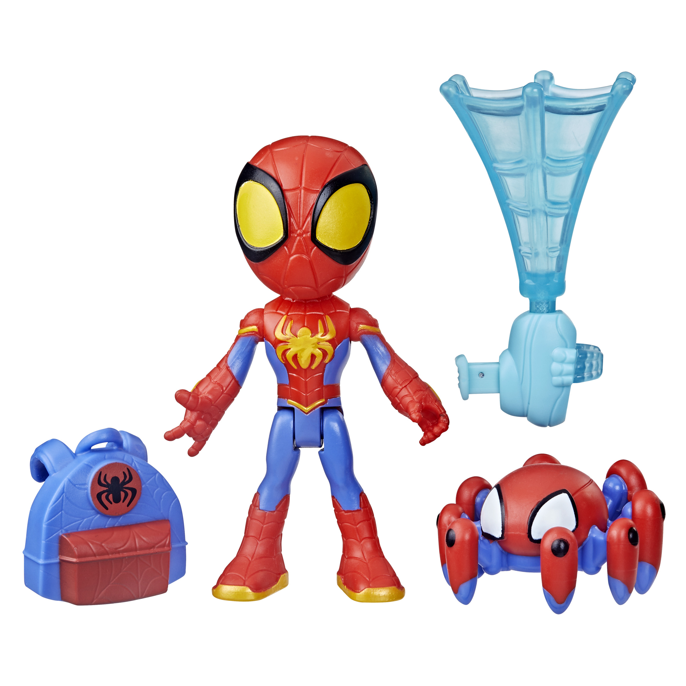 Un juguete de Spider-Man con accesorios, rojo, azul, con una mochila y lanzaredes.