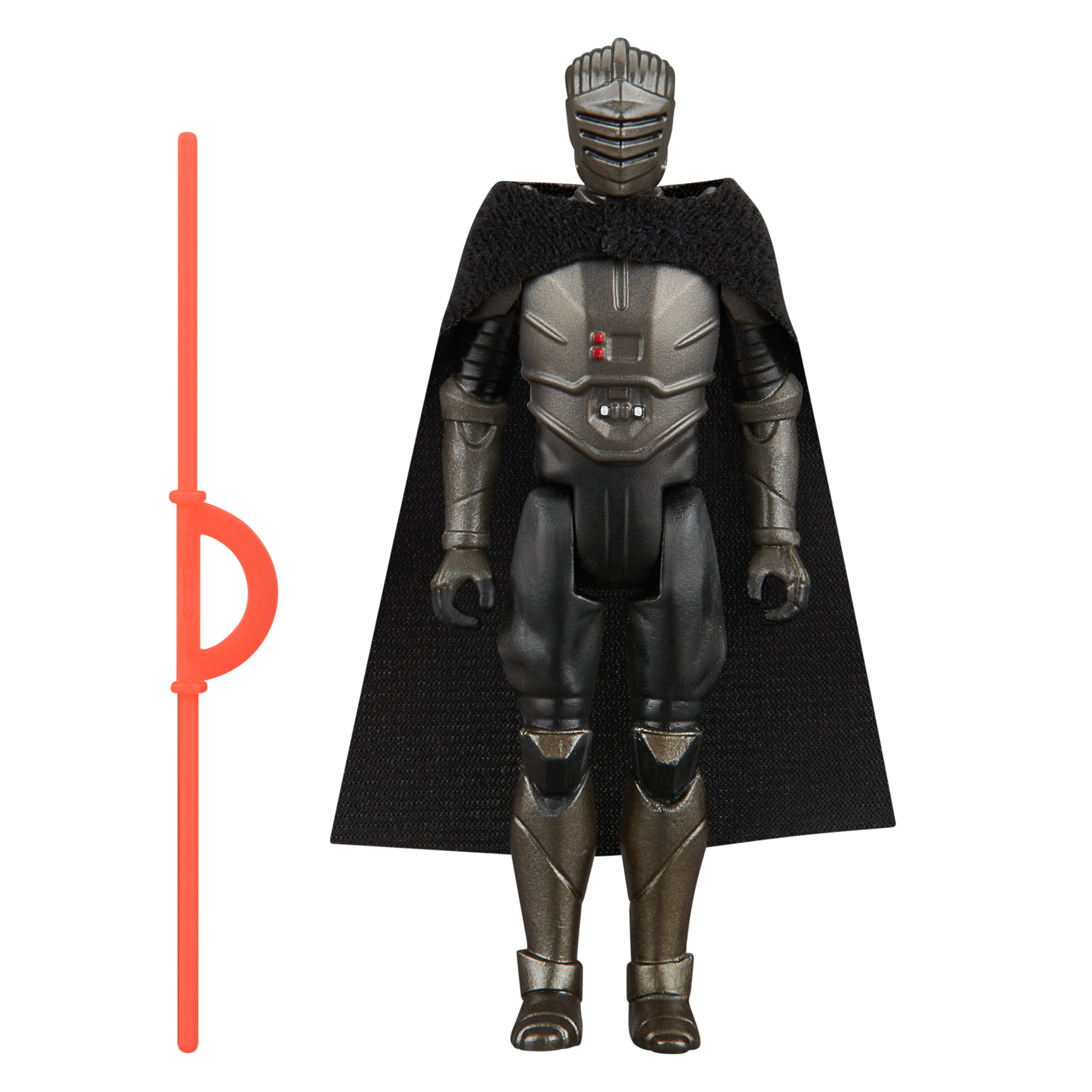 Figura de Dark Trooper. Capa, armadura y casco negros. Sosteniendo un sable de luz rojo.