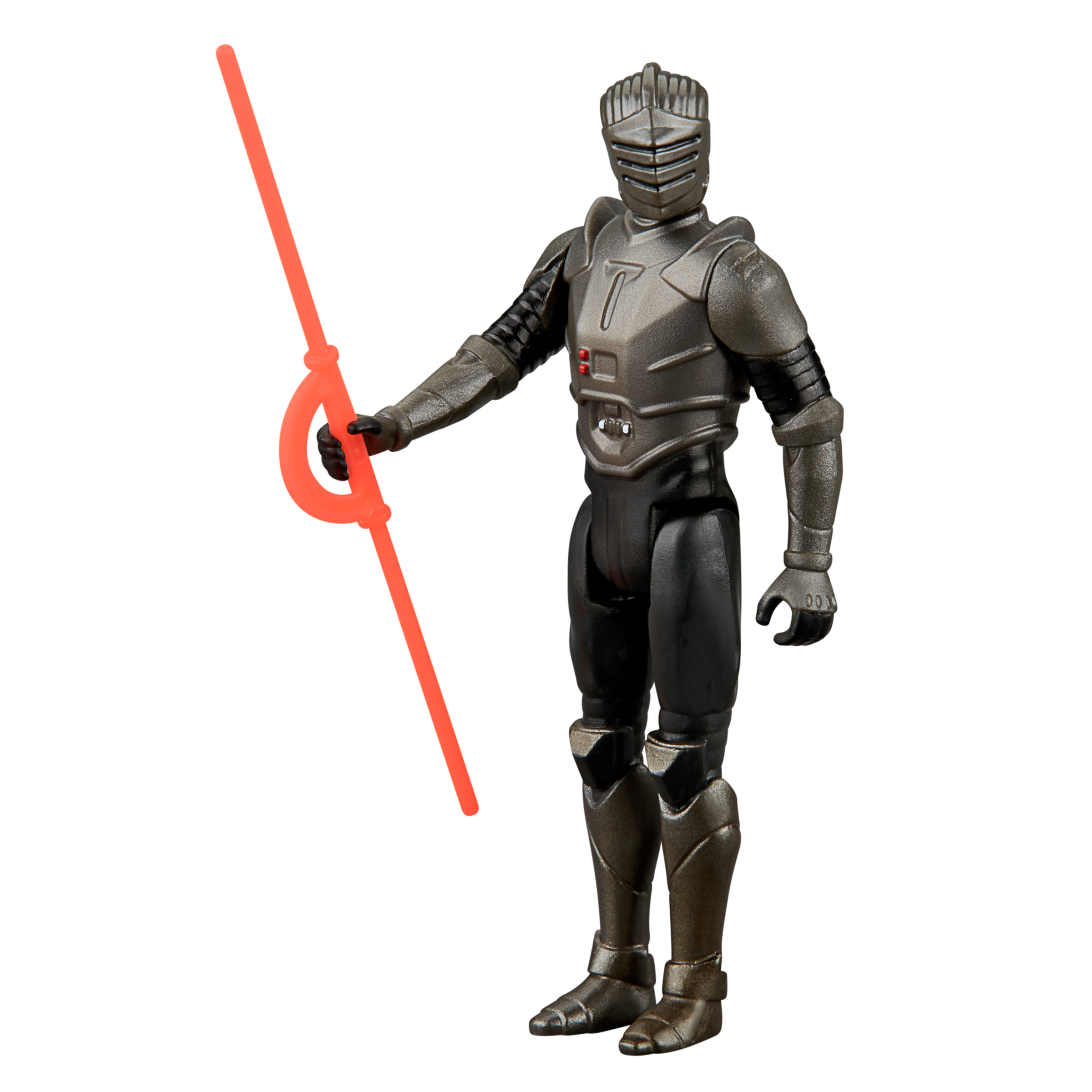 Una figura de un personaje con armadura plateada y un sable de luz rojo, sobre fondo blanco.