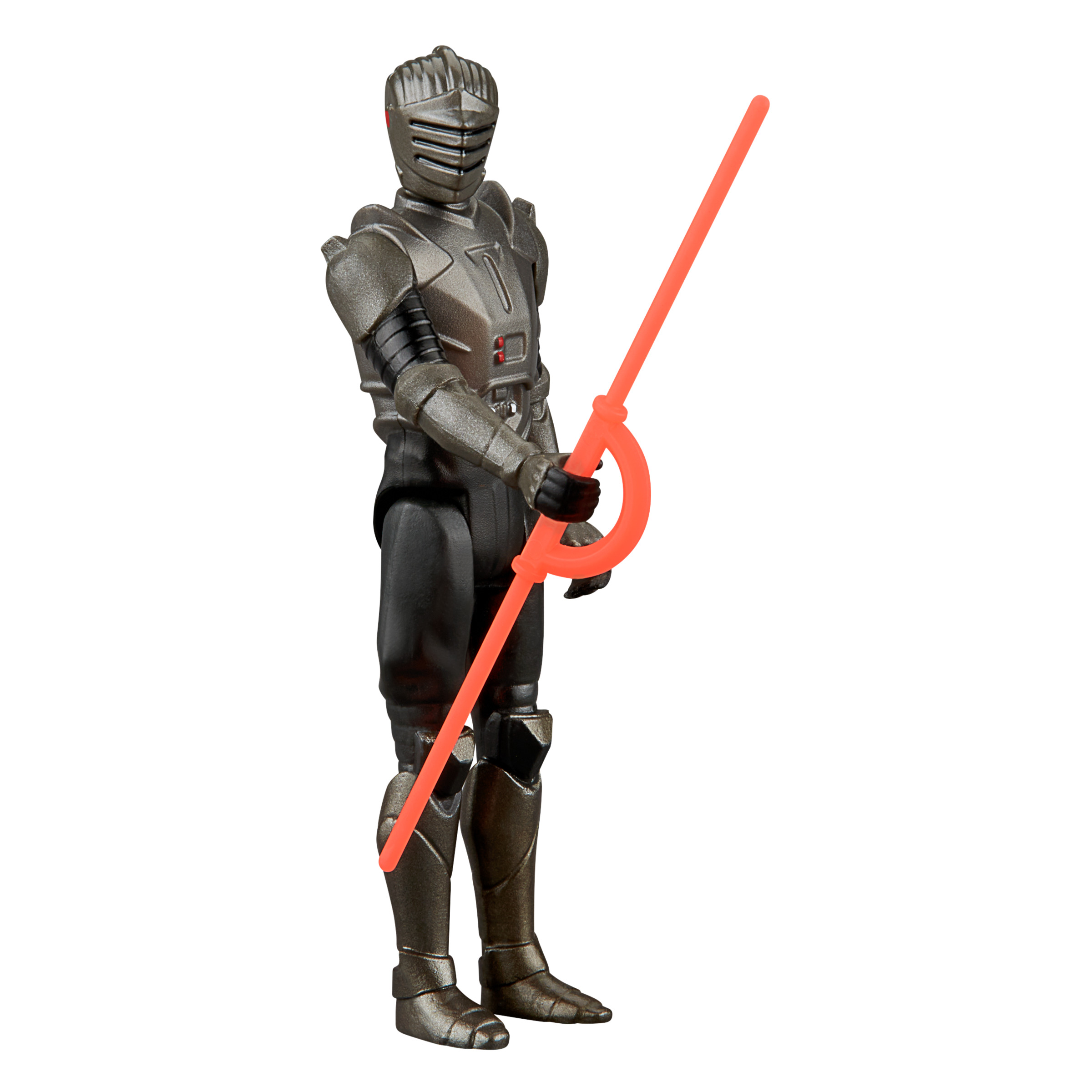 Figura de acción de un caballero con armadura plateada sosteniendo un sable de luz rojo, de pie, fondo blanco.