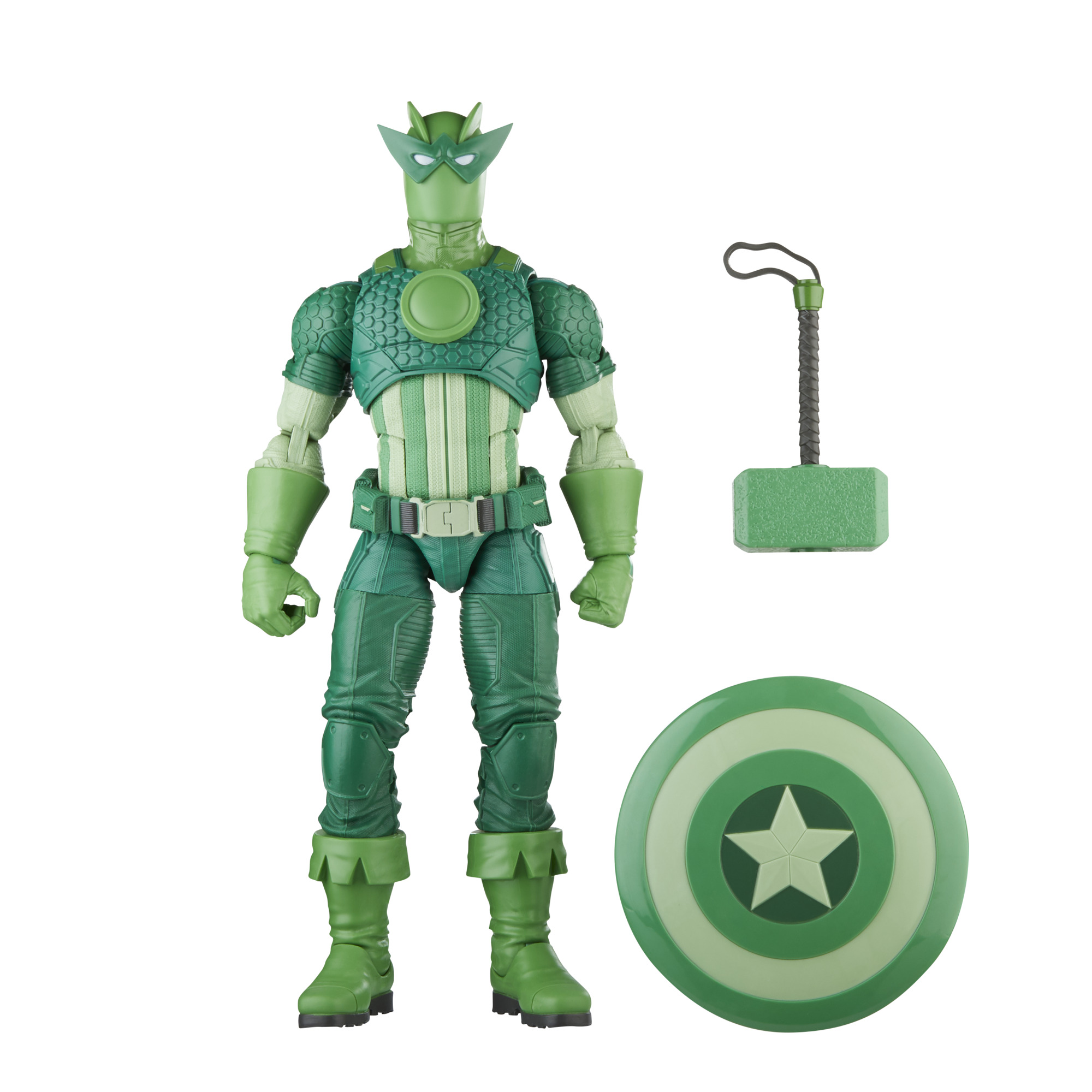 Una figura de acción verde con un martillo y un escudo.
