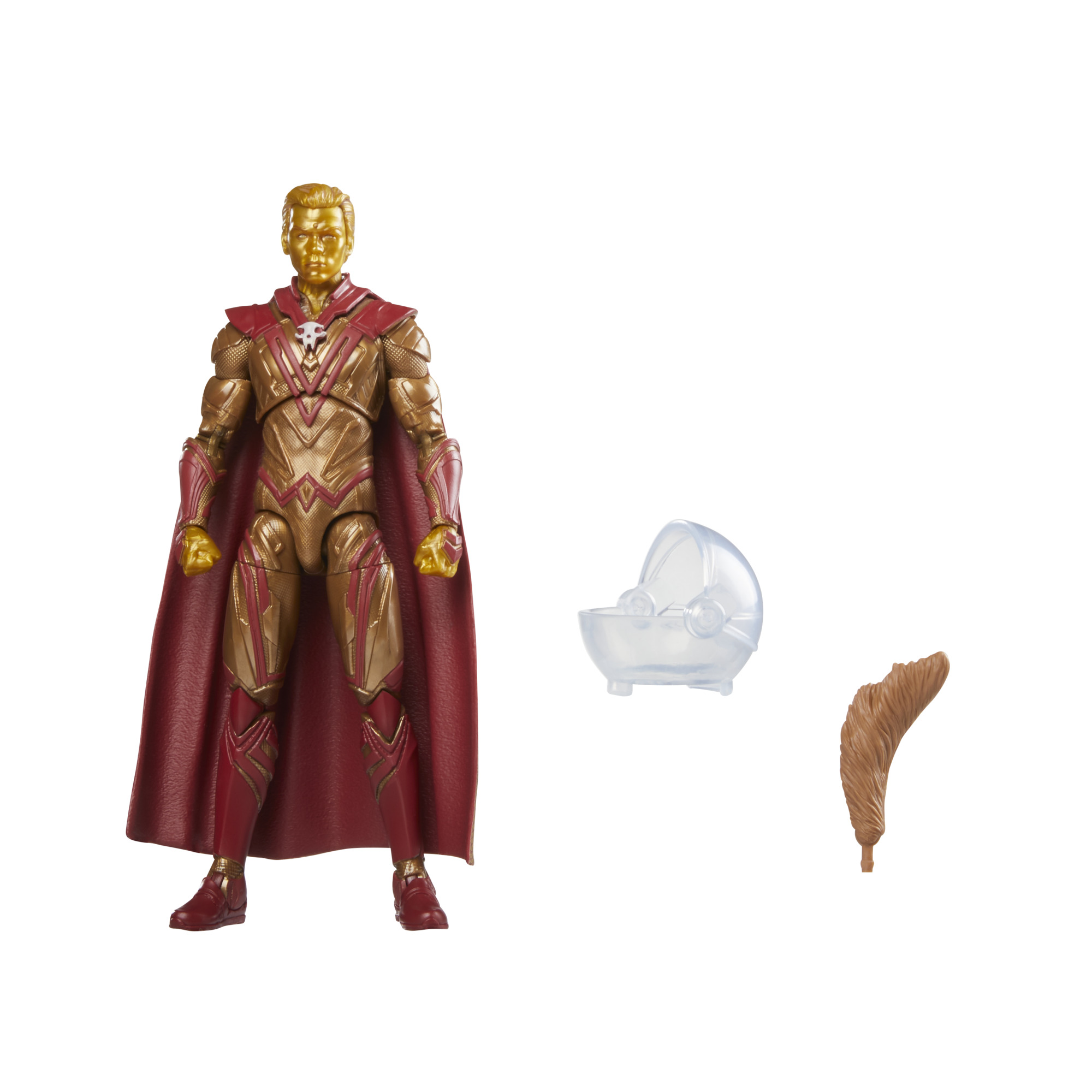 Figura dorada, con capa roja, cuna transparente y pluma. Armadura dorada y roja, fondo blanco.
