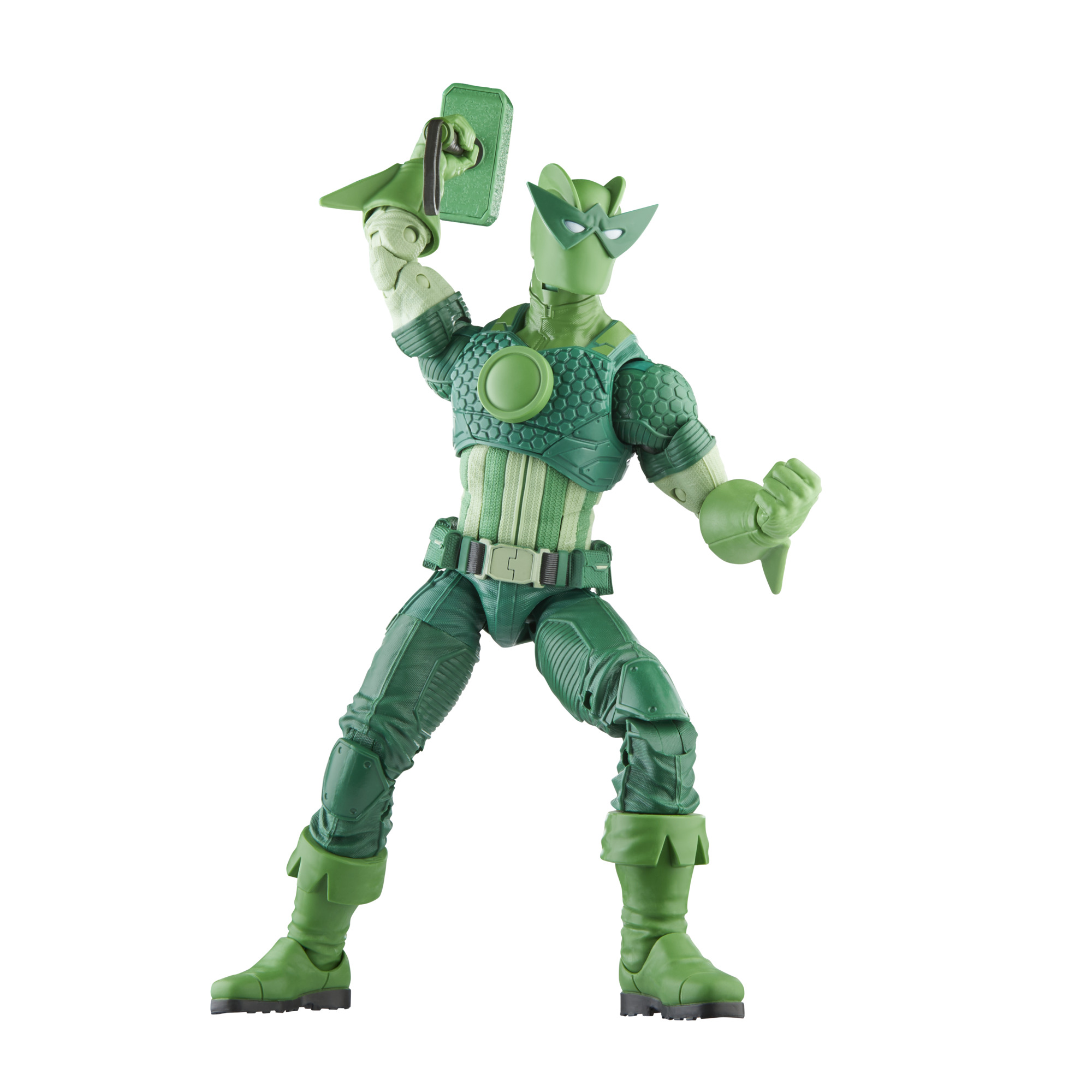 Una figura de acción de superhéroe verde con un escudo. Sostiene el escudo y posa.