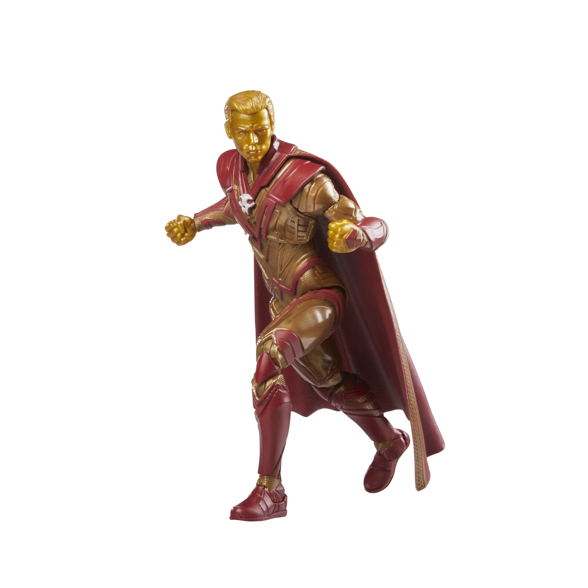 Figura de acción de un personaje de piel dorada con traje rojo y dorado, en pose de carrera.
