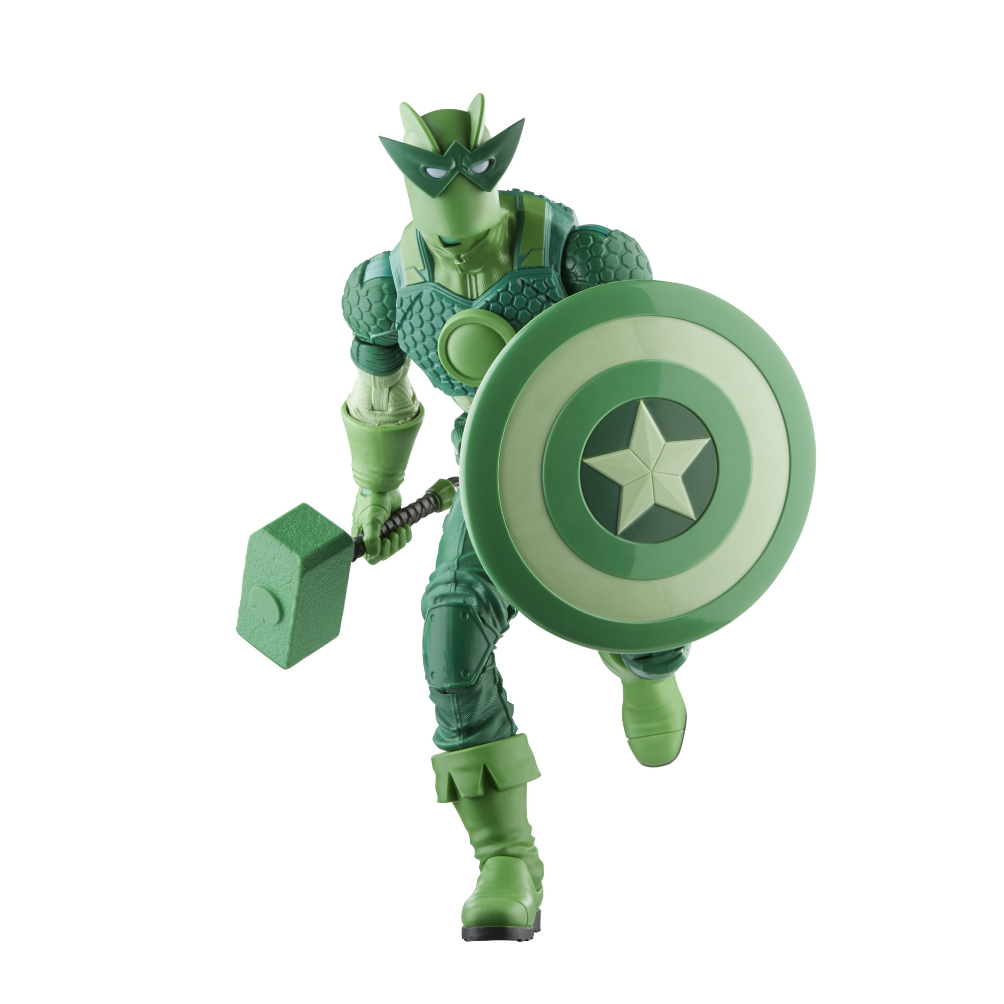 Figura de superhéroe verde con escudo y martillo corriendo hacia adelante.