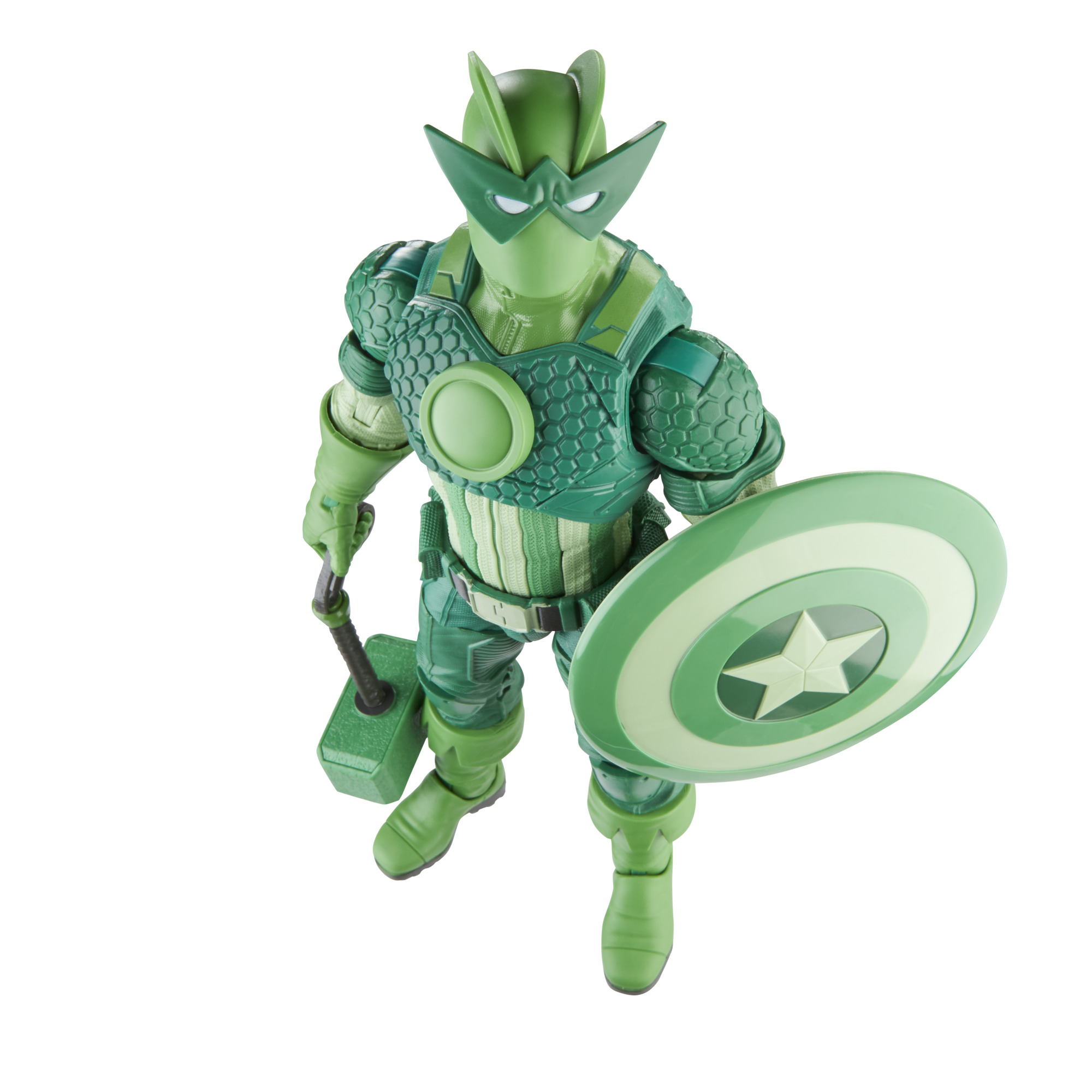 Figura de acción de personaje de cómic Marvel. Traje verde, escudo, martillo, fondo blanco.