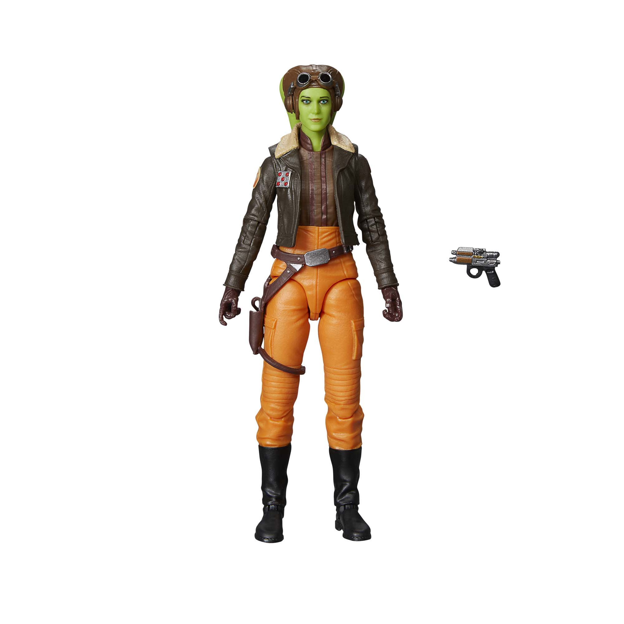 Una figura de Star Wars de Hera Syndulla, con pantalón naranja, chaqueta y sosteniendo un arma.
