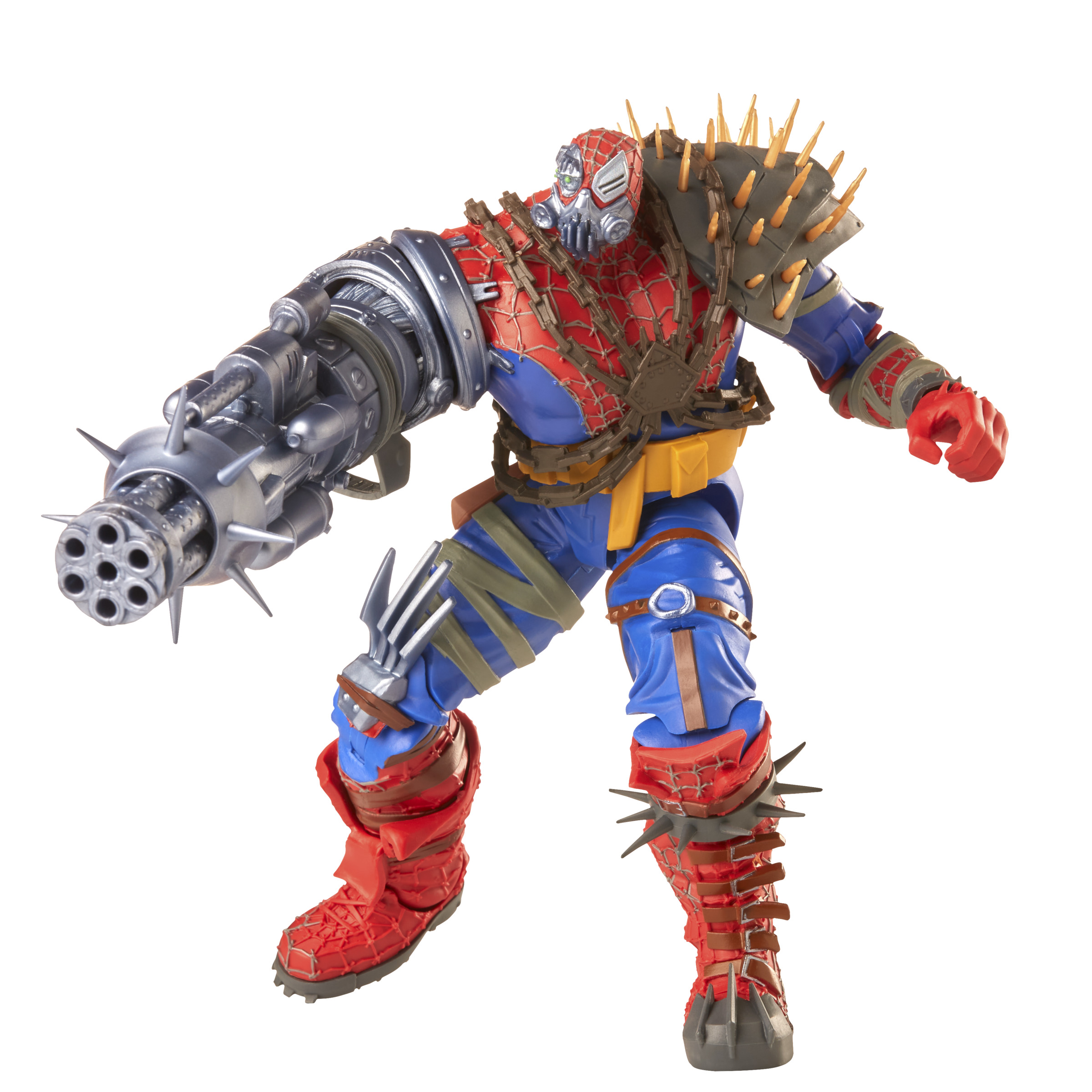 Una figura de acción de Marvel con diseño futurista. Colores rojo y azul, con púas y un cañón grande.