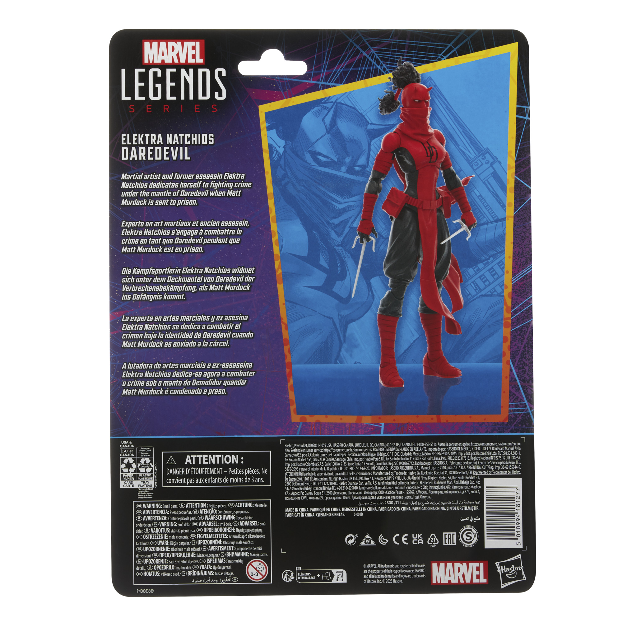 Parte trasera de una caja de figura de Marvel Legends Elektra, con texto en varios idiomas.
