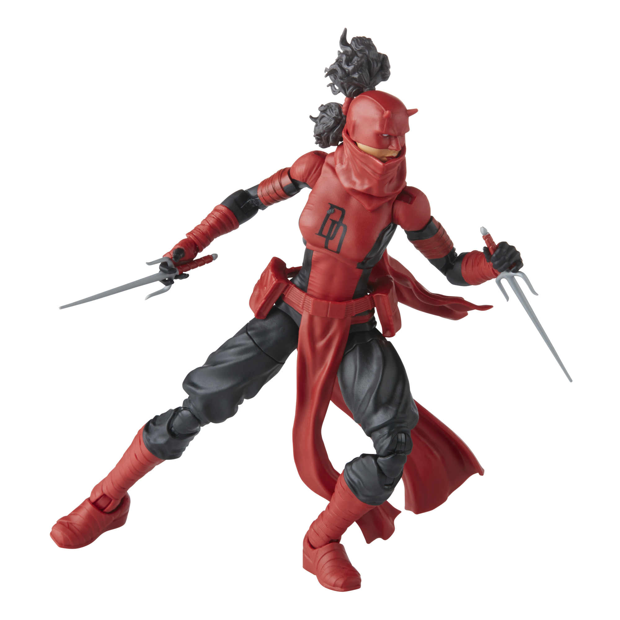 Una figura de acción roja de Daredevil en pose dinámica, sosteniendo armas sai.