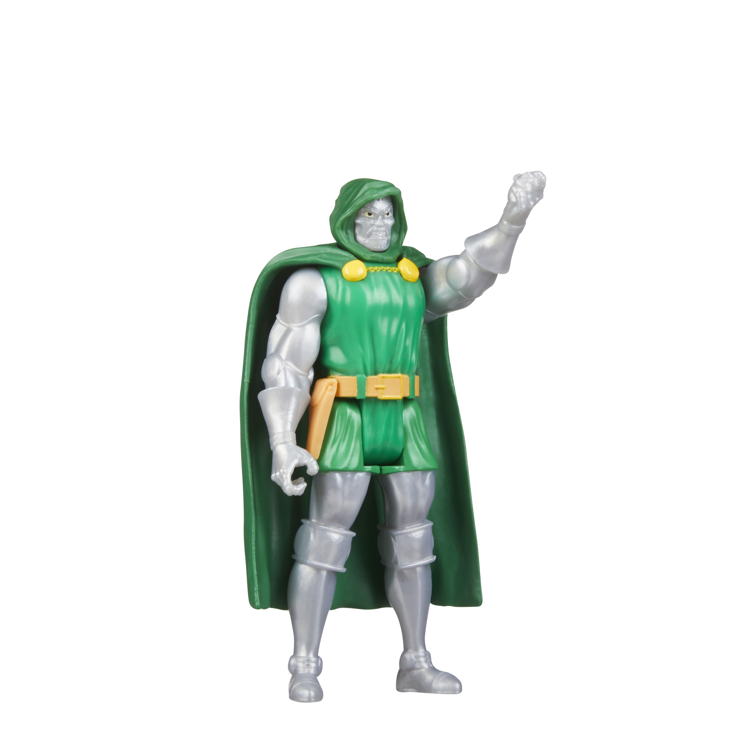 Figura de acción del Doctor Doom, capa verde, armadura plateada y puño levantado. Fondo blanco.