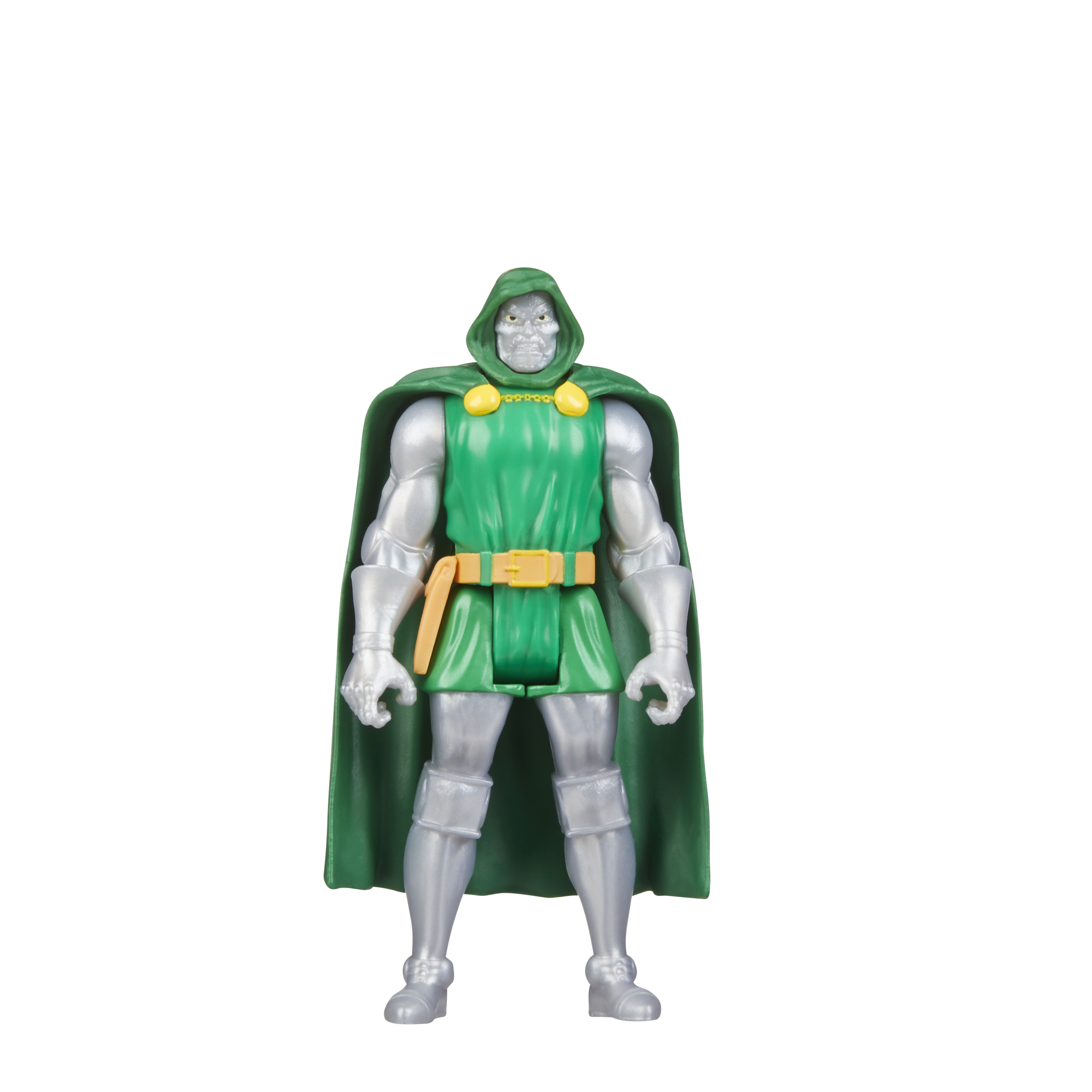 Figura de acción del Doctor Doom. Capa y capucha verdes, armadura plateada, cinturón amarillo, pose de pie.