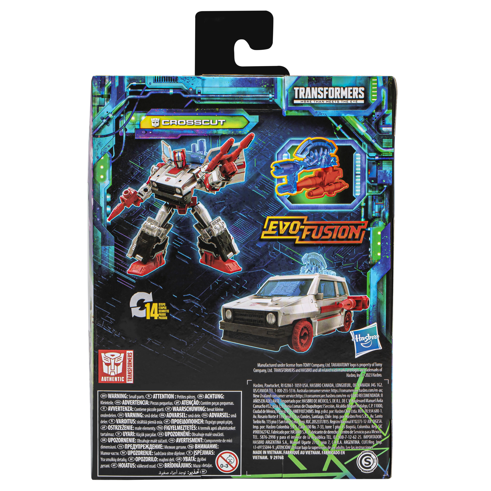 Parte trasera de un paquete de juguete Transformers con un robot y un vehículo.