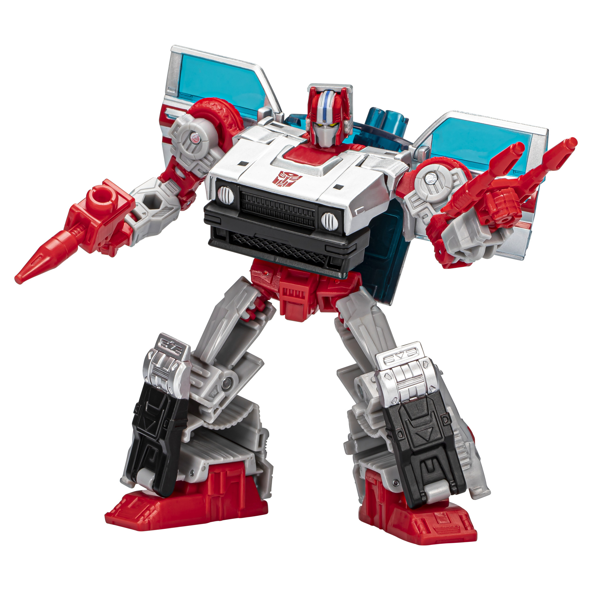 Juguete Transformer en rojo, blanco y gris. El juguete tiene detalles azules y los brazos extendidos.