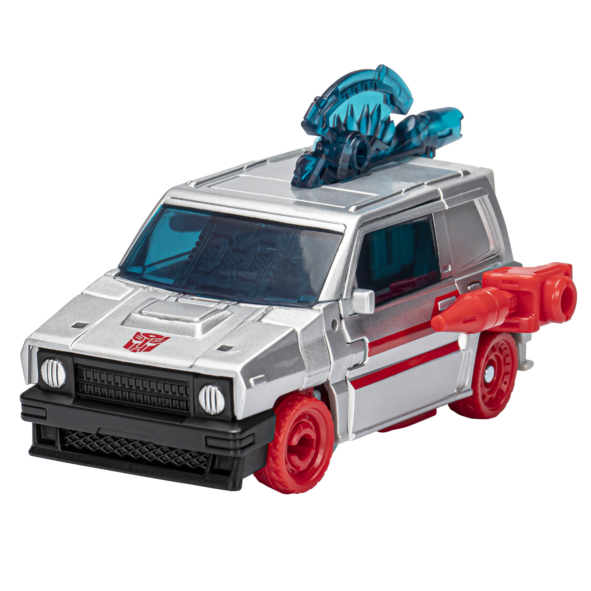 Coche de juguete plateado con detalles rojos y azules, parecido a una furgoneta. Logotipo de Transformers.