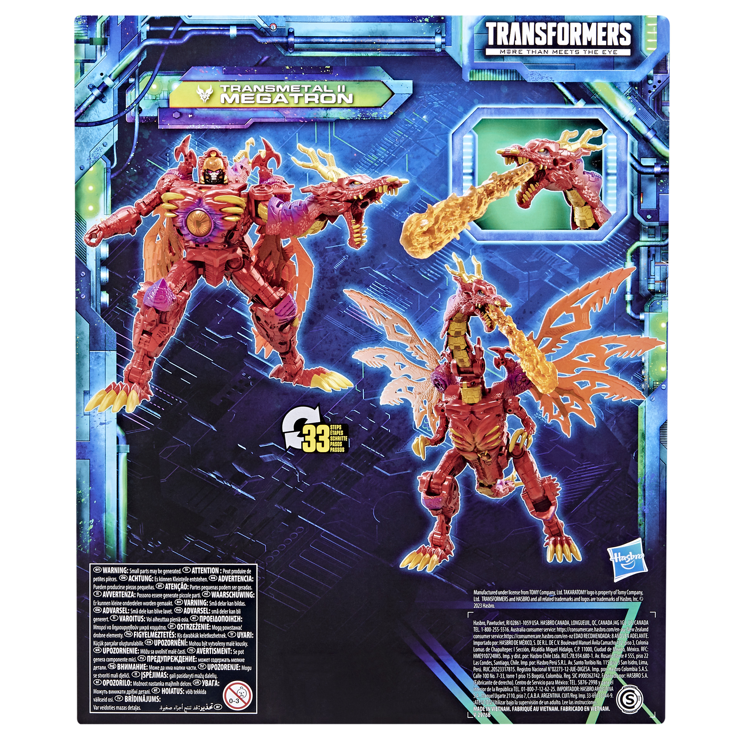 Juguete rojo Transmetal II Megatron en forma de robot y dragón con efectos de llama, logo Transformers.