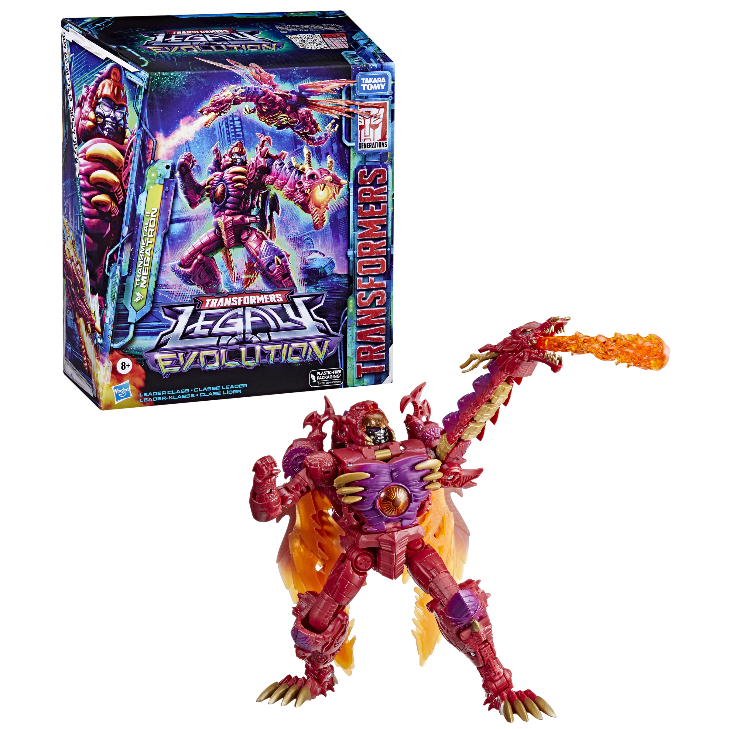 Figura de acción de Megatron Transformers con cabeza de dragón y efecto de llama, junto a una caja.