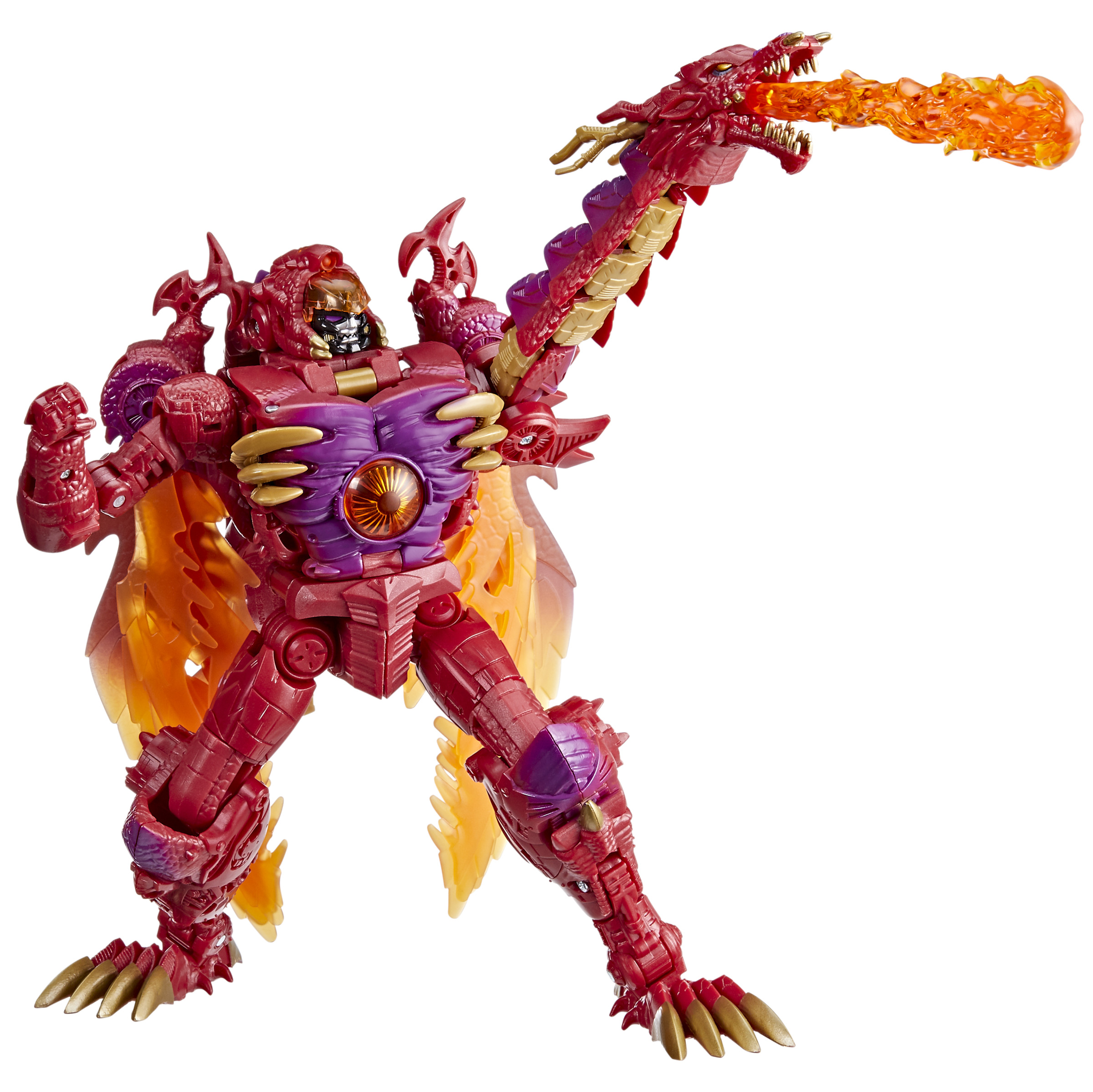 Un robot Transformers rojo y dorado con una cabeza de dragón que escupe fuego.