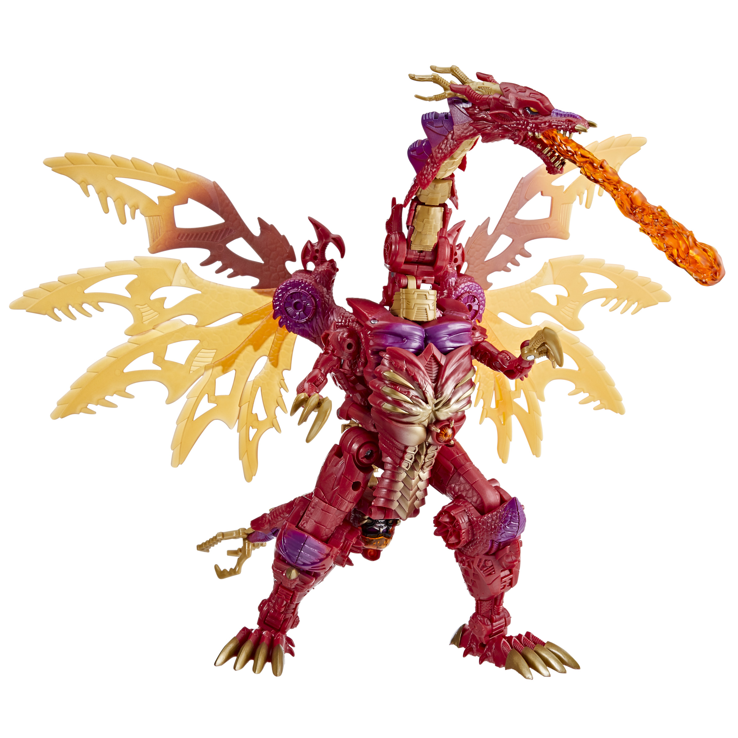 Figura de juguete de dragón rojo, morado y dorado escupiendo fuego. Alas extendidas, listo para la acción.