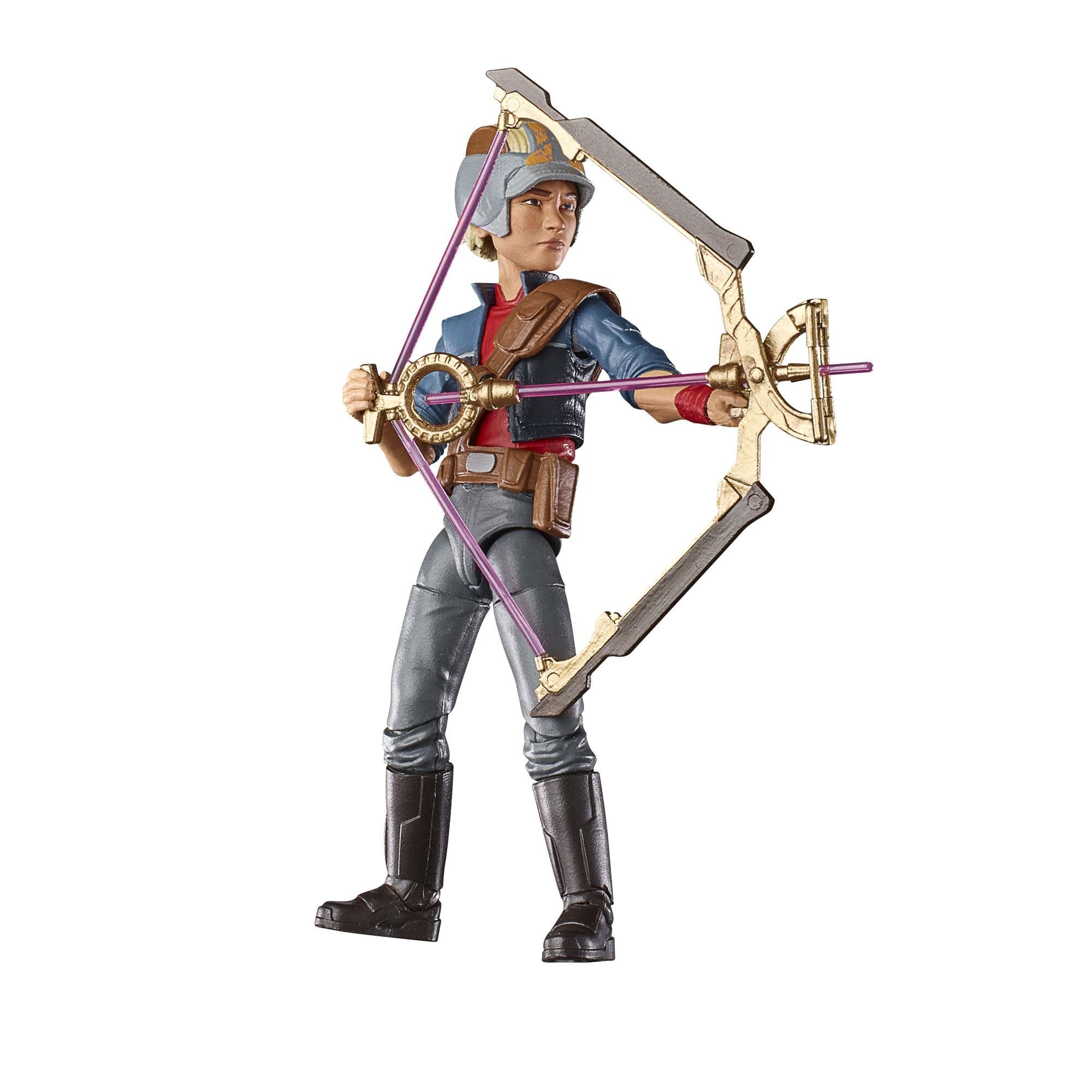 Figurka chłopca, trzymająca łuk, w kasku, szare spodnie, łuk i strzała, białe tło.