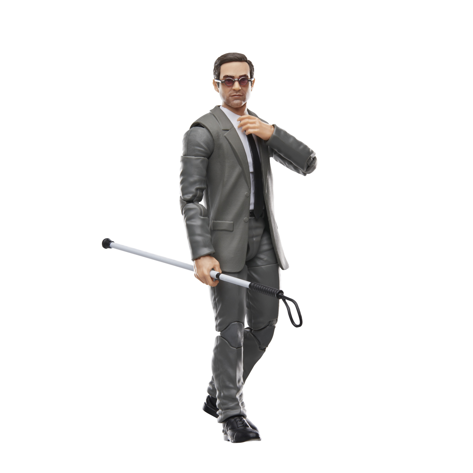 Figura de acción de Daredevil en traje gris, con bastón, gafas.