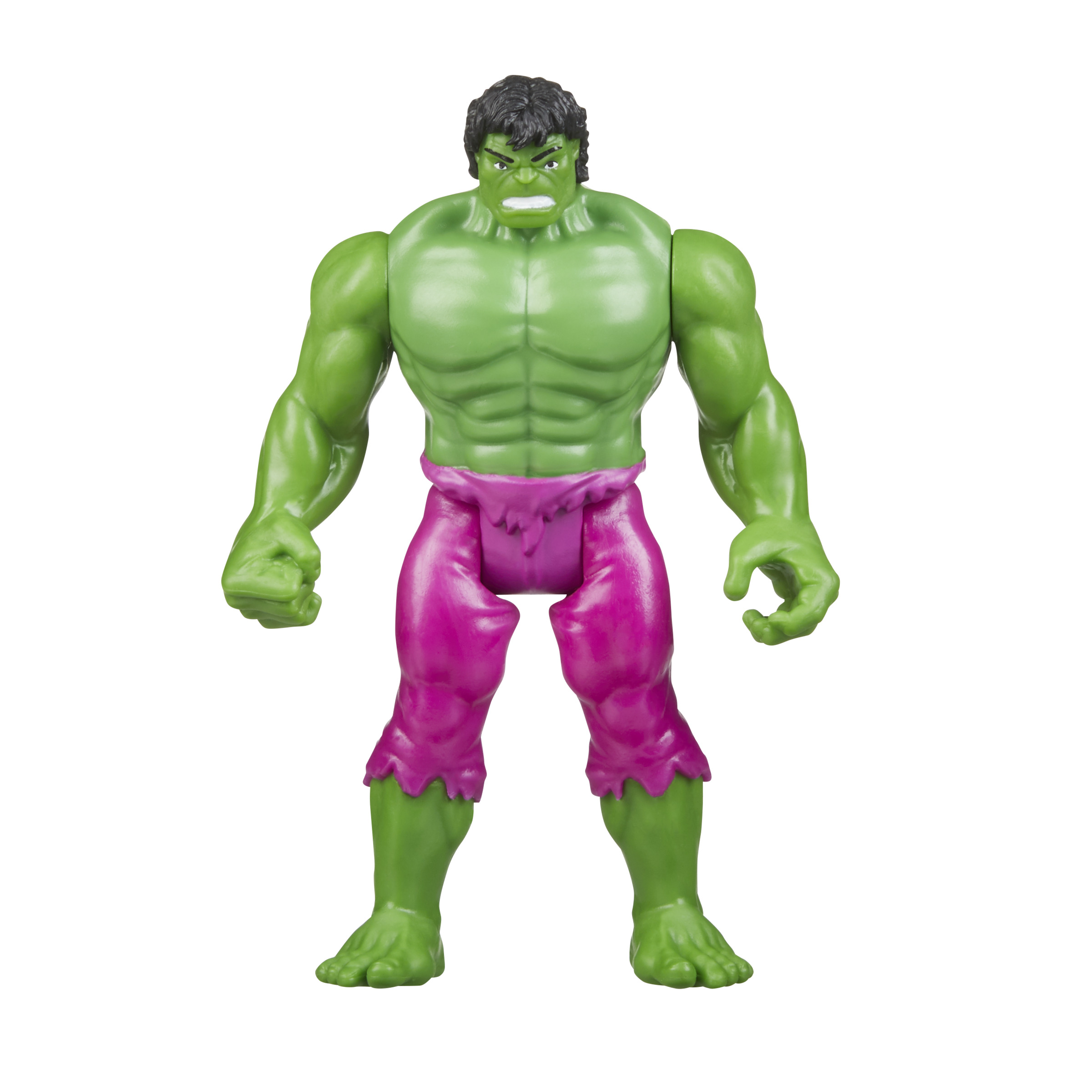 Figura de acción de Hulk, piel verde, pantalones rosas, músculos visibles, de pie y enfadado.