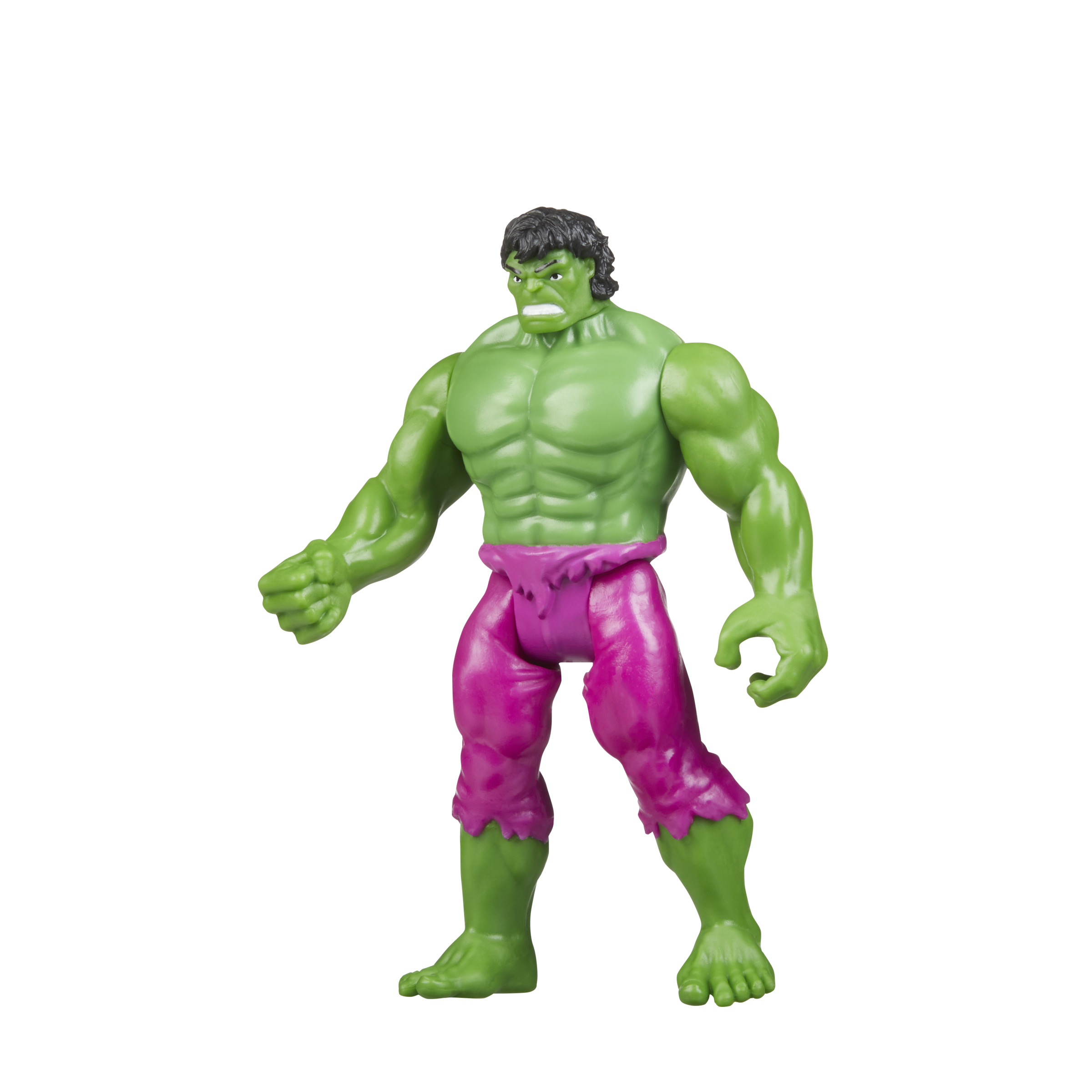 Figura de acción de Hulk, piel verde, pantalones morados, de pie, musculoso.