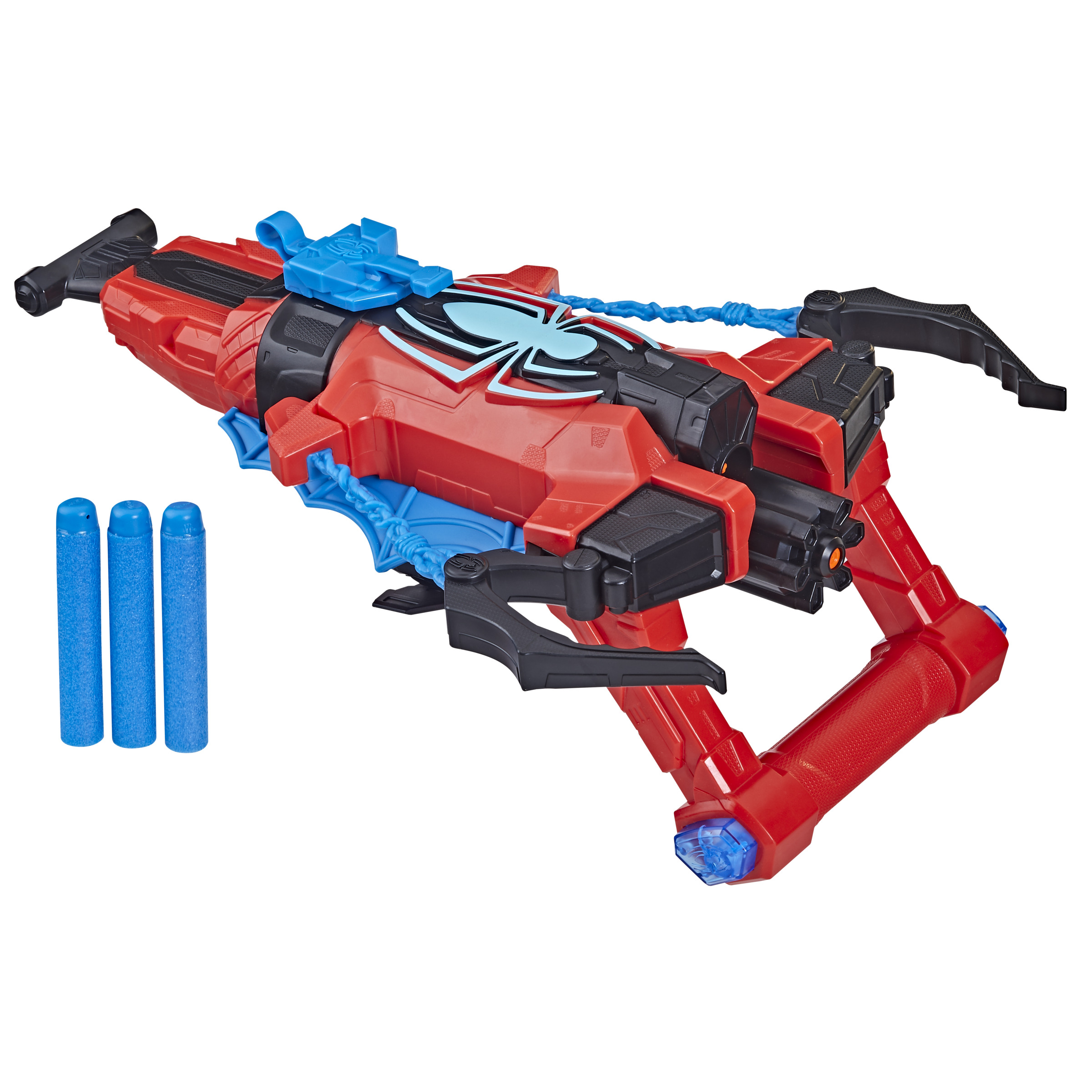 Pistola de juguete de Spider-Man roja y azul con dardos de espuma azules.