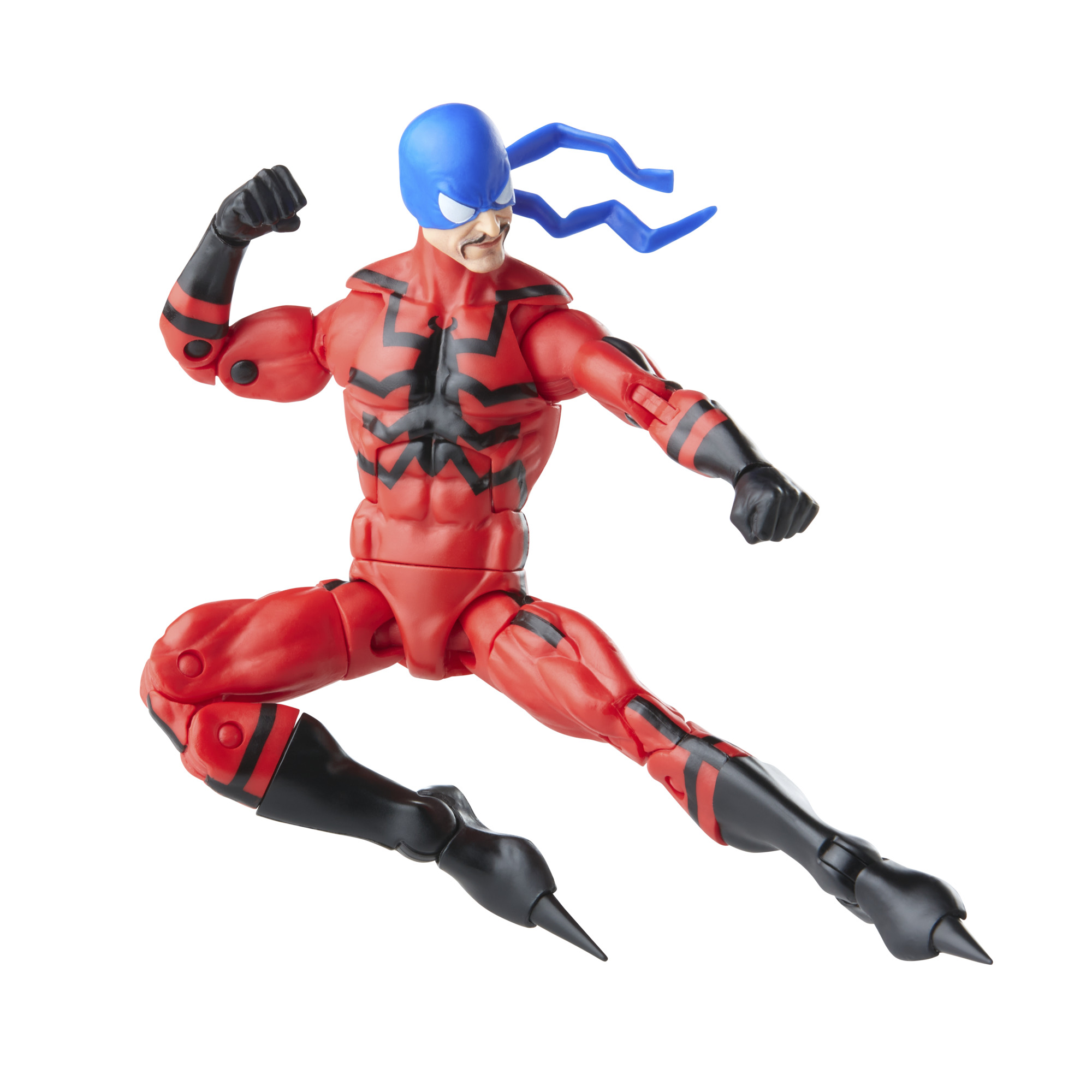 Figura de acción de un personaje con traje rojo y negro. Está saltando en el aire con los puños cerrados.