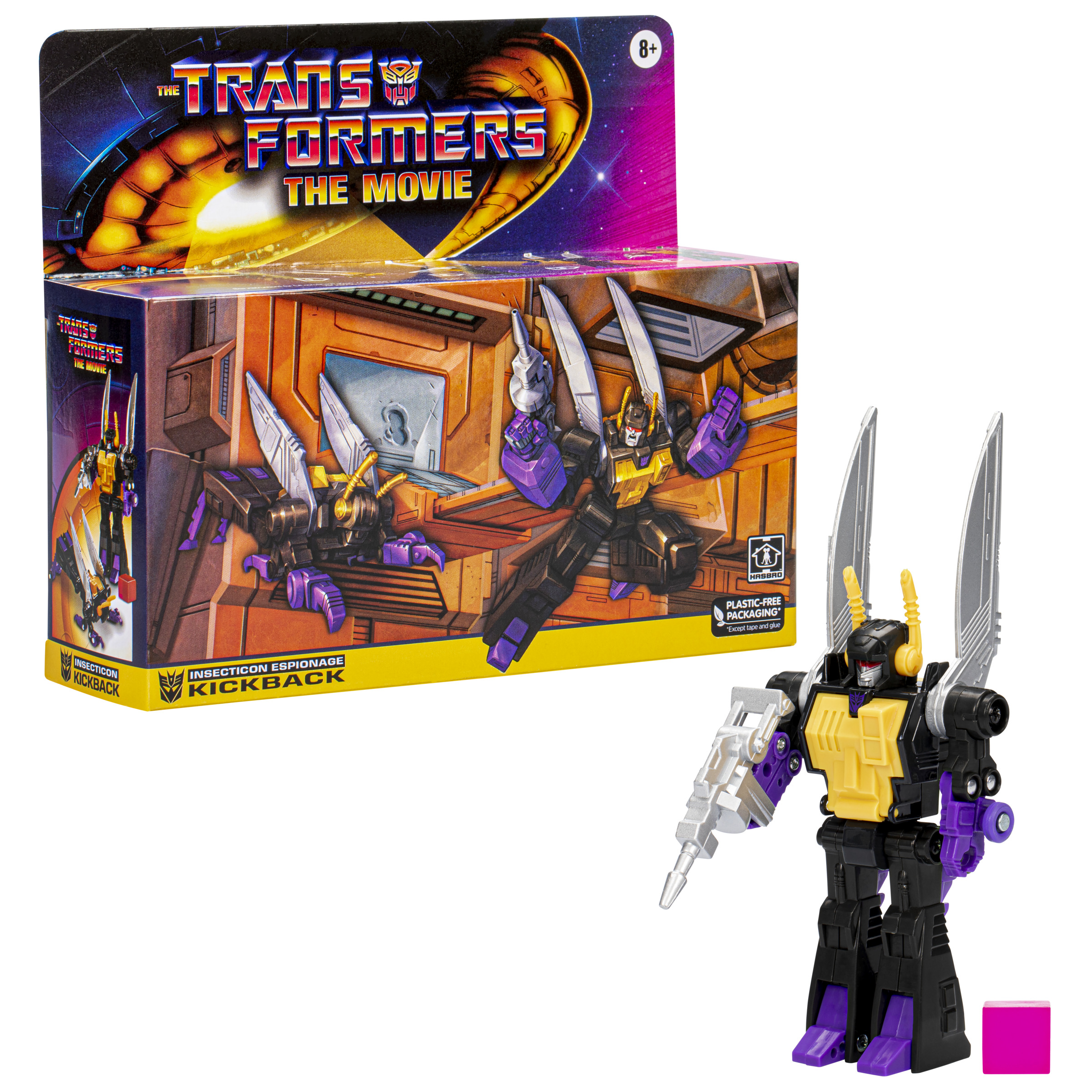Una figura de Transformers en caja. Transformer con rasgos de insecto, sosteniendo un arma y fondo naranja.
