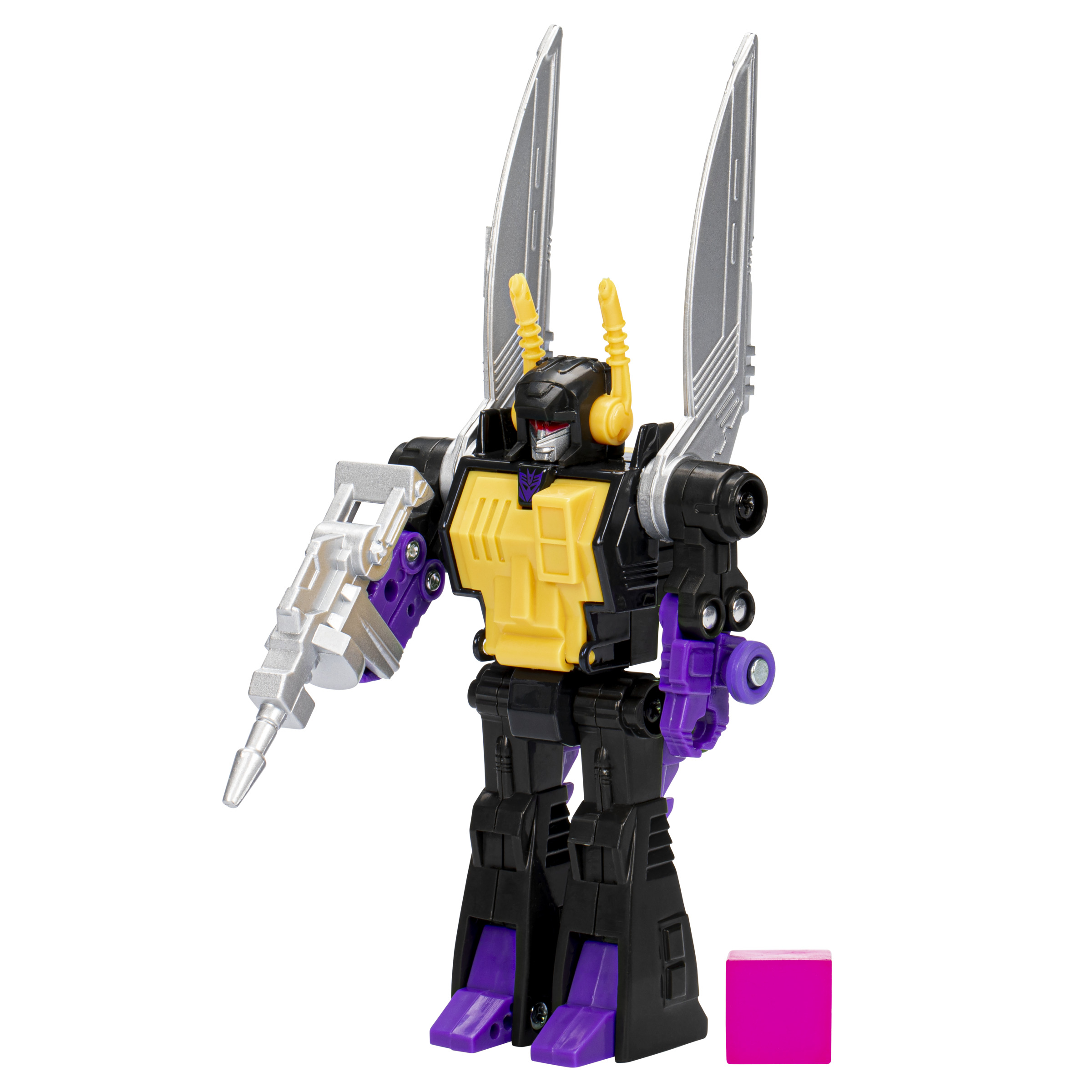 Juguete Transformer en una caja, colores negro, amarillo y morado, con alas.