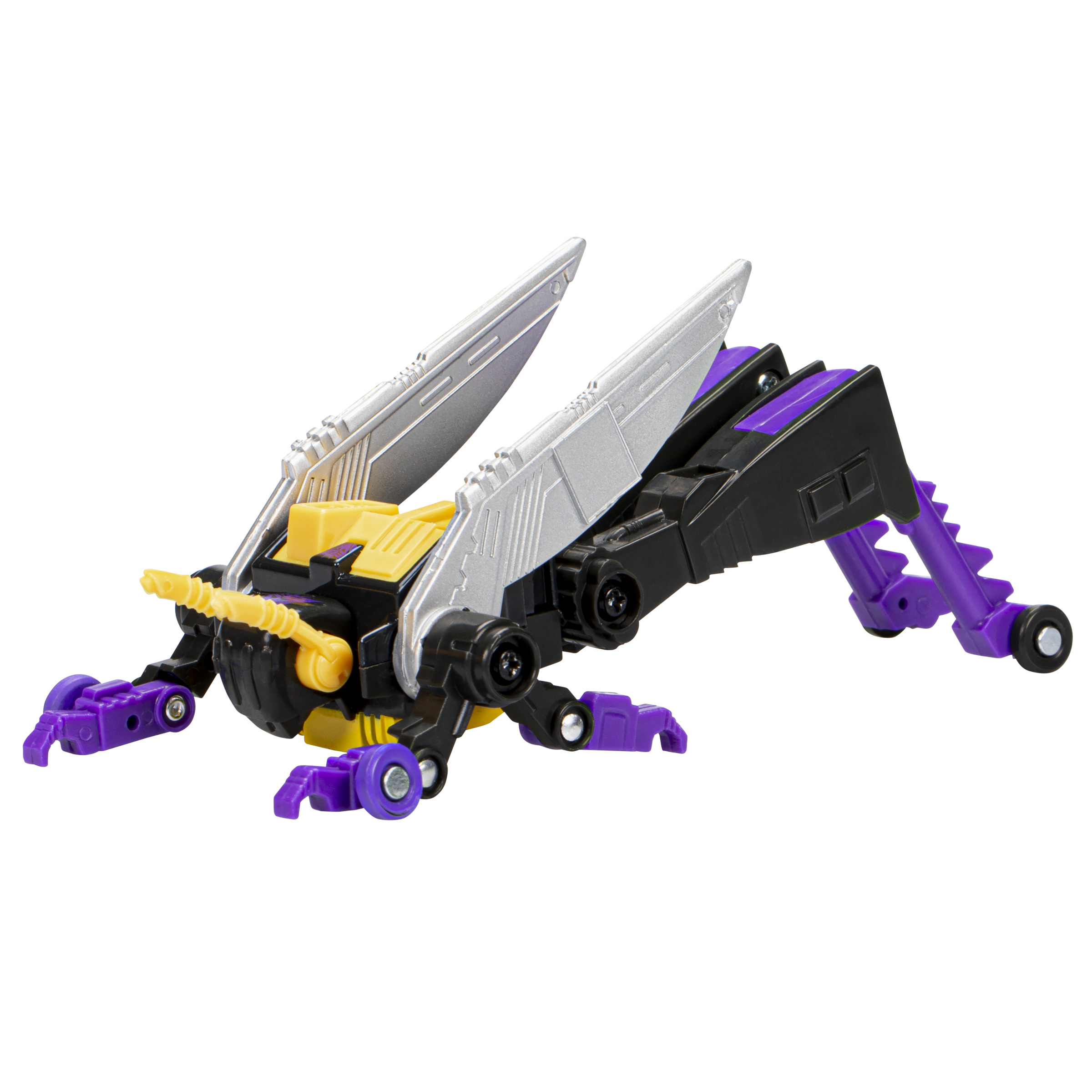Juguete Transformer insectoide con alas plateadas y patas moradas.