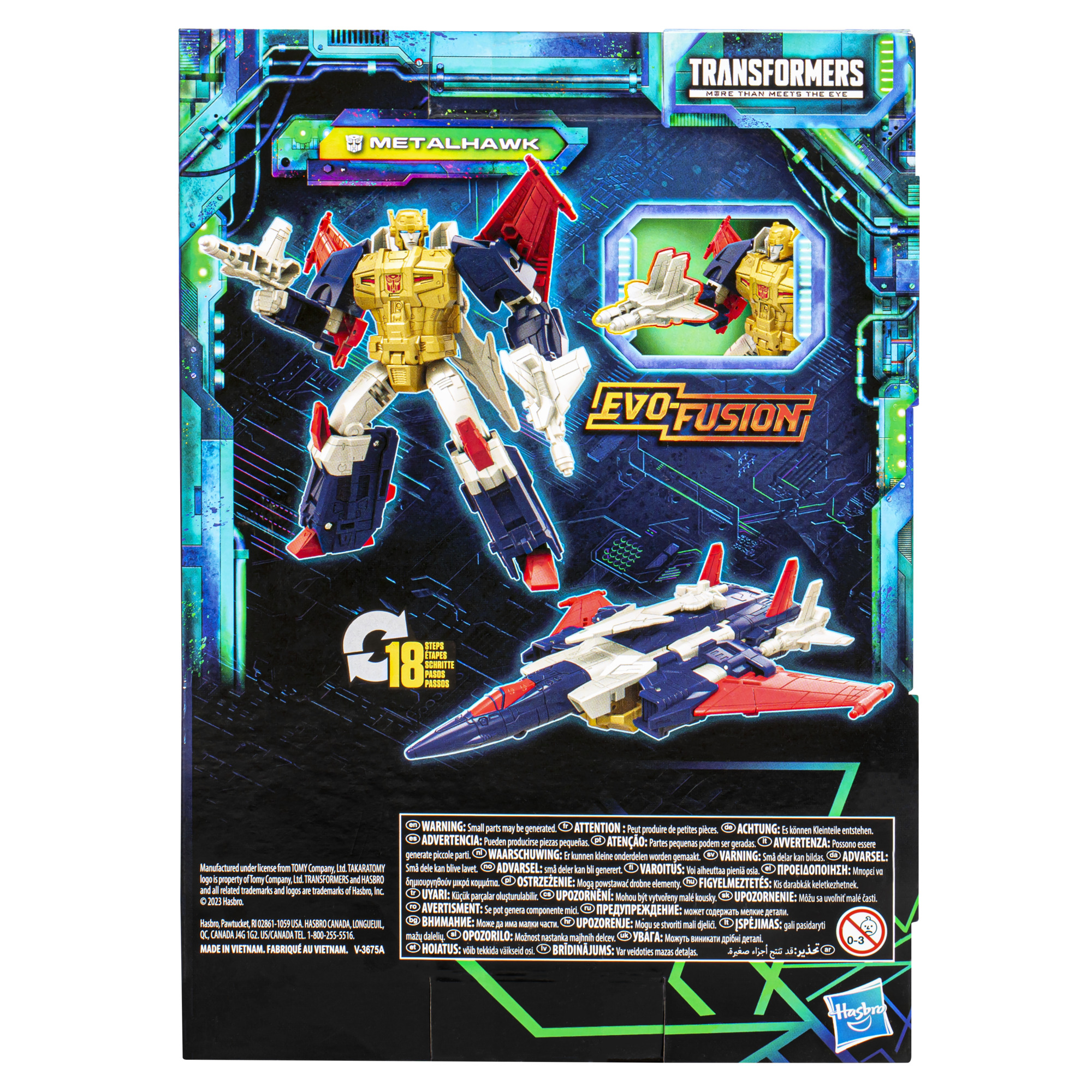 Una caja de juguetes Transformers con la figura de Metalhawk y un modo vehículo.