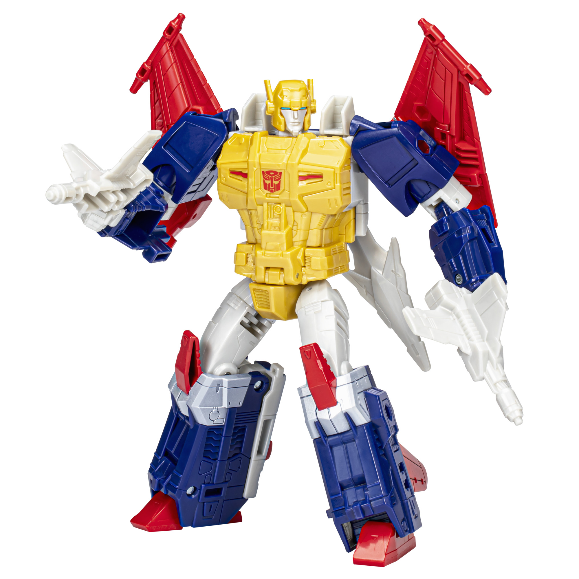 Juguete Transformer. Colores amarillo, azul, rojo y blanco. Alas y armas visibles.