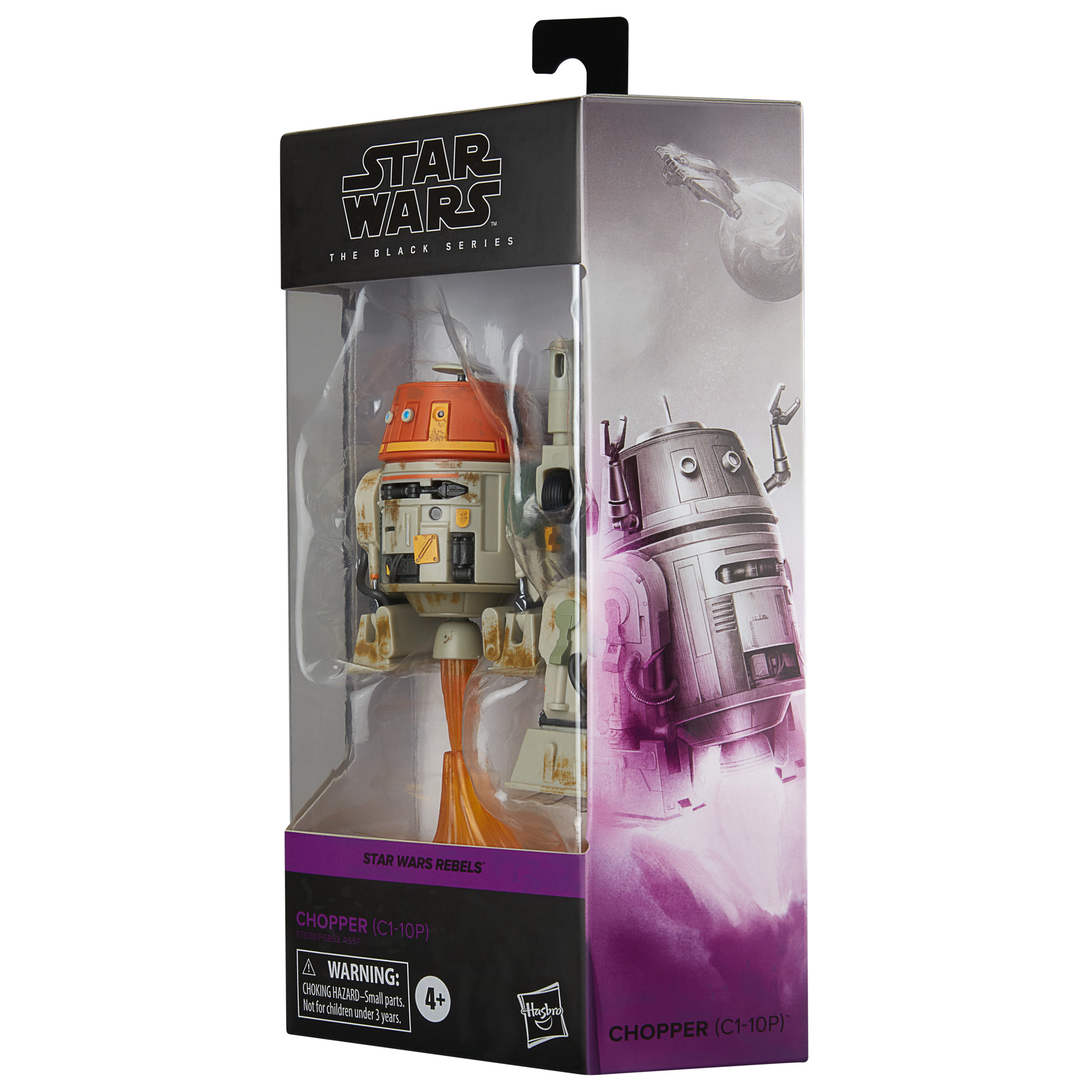 Figura de Star Wars Chopper en una caja. La caja es negra y morada. Fondo blanco.