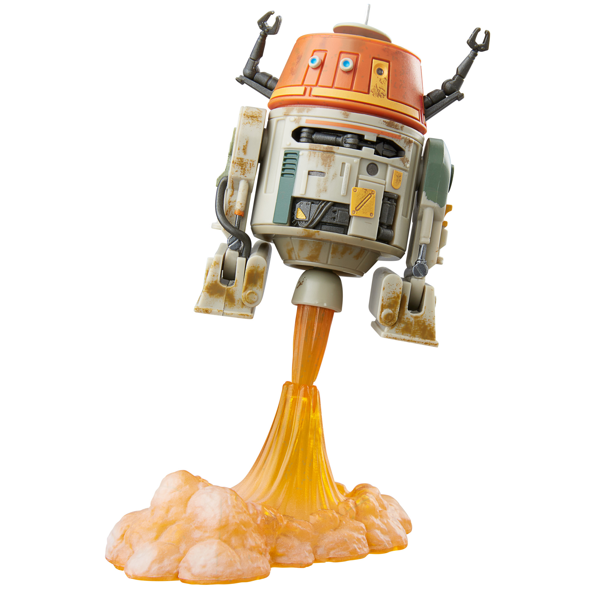 Un robot de juguete en naranja y blanco con los brazos levantados, lanzándose desde una llama naranja sobre una superficie blanca.