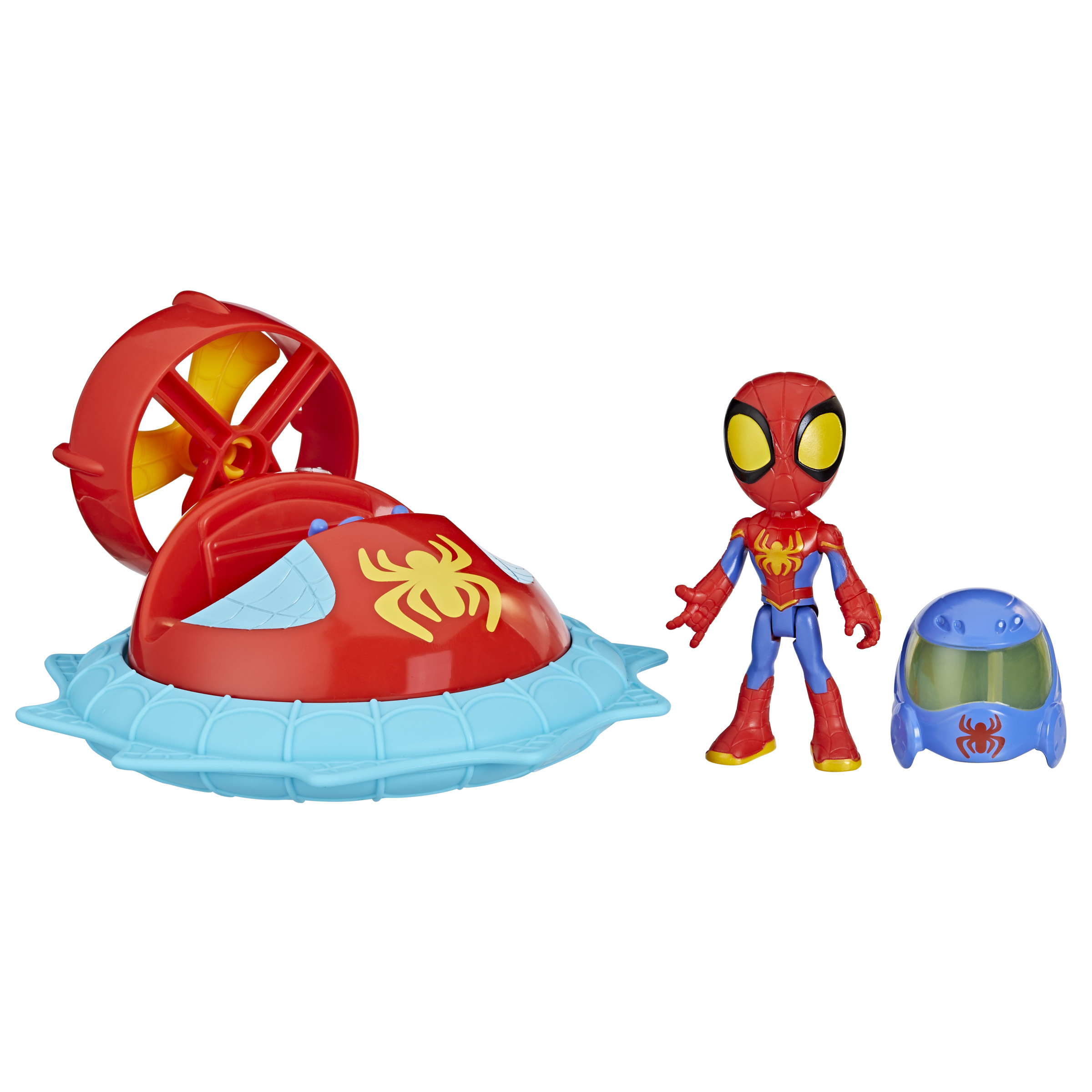 Juguete de Spider-Man con aerodeslizador y casco, sobre fondo blanco.