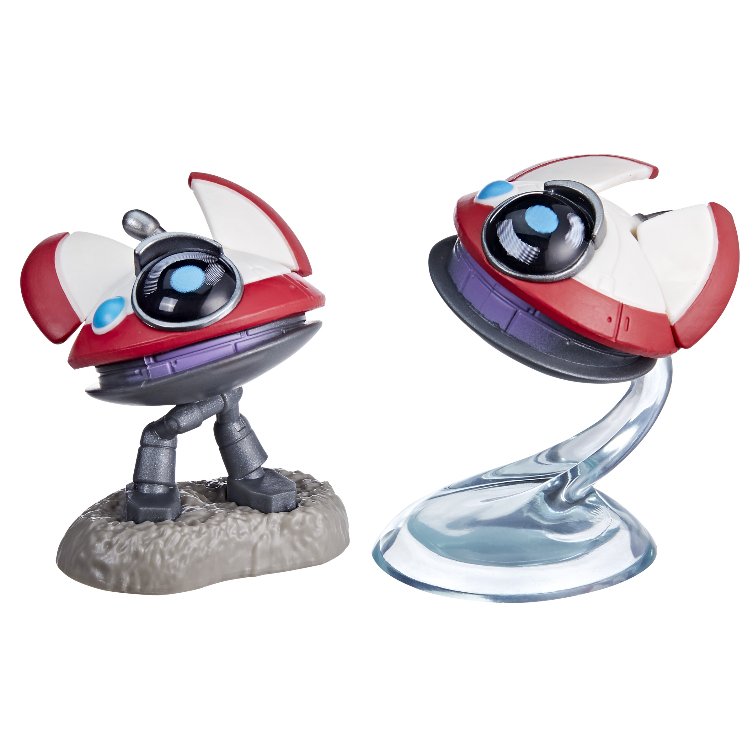 Dos figuras de robot en rojo y blanco, una de pie, la otra sobre un soporte transparente.