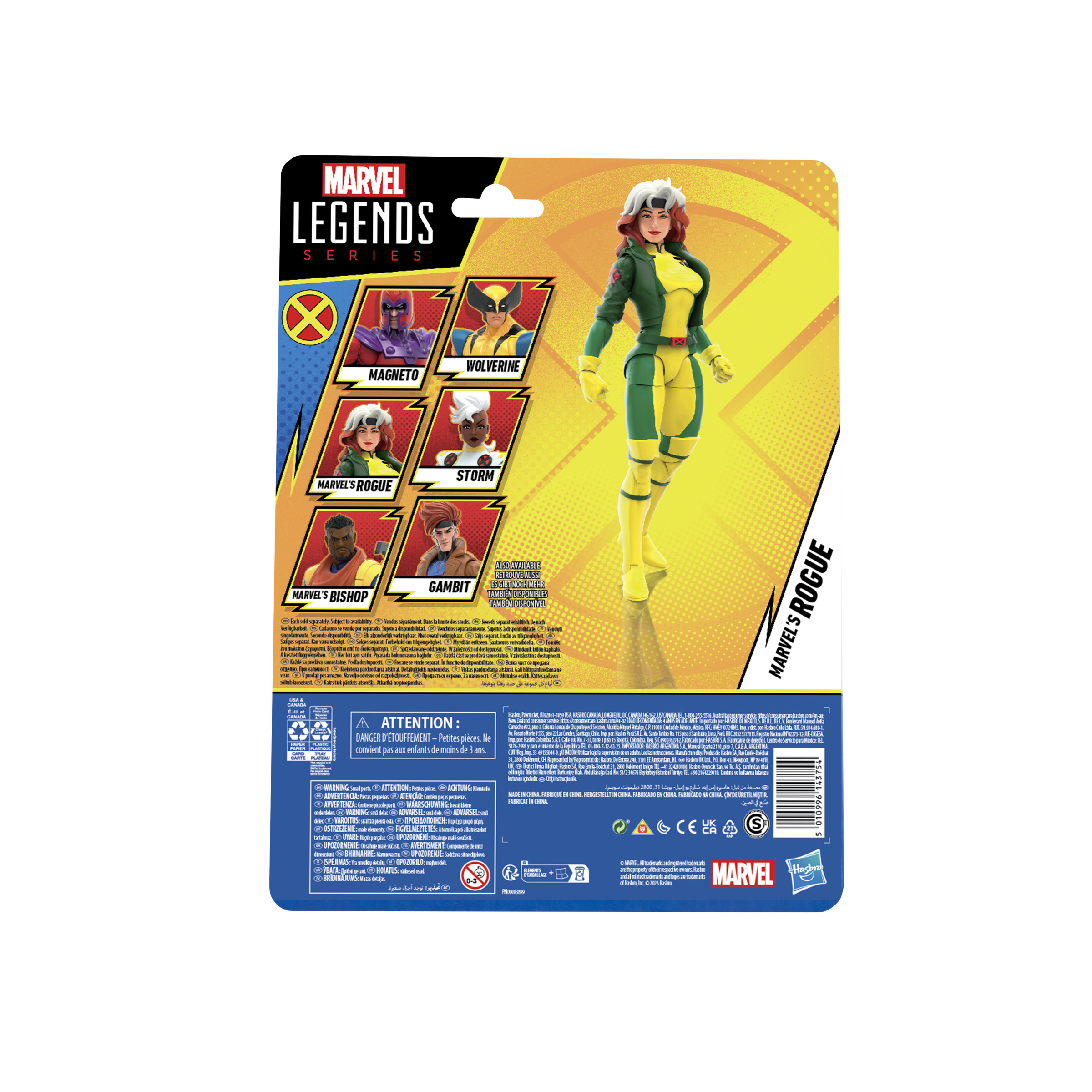 Parte trasera de la caja de la figura de acción Marvel Legends Rogue. Muestra a Rogue y otros personajes X-Men.