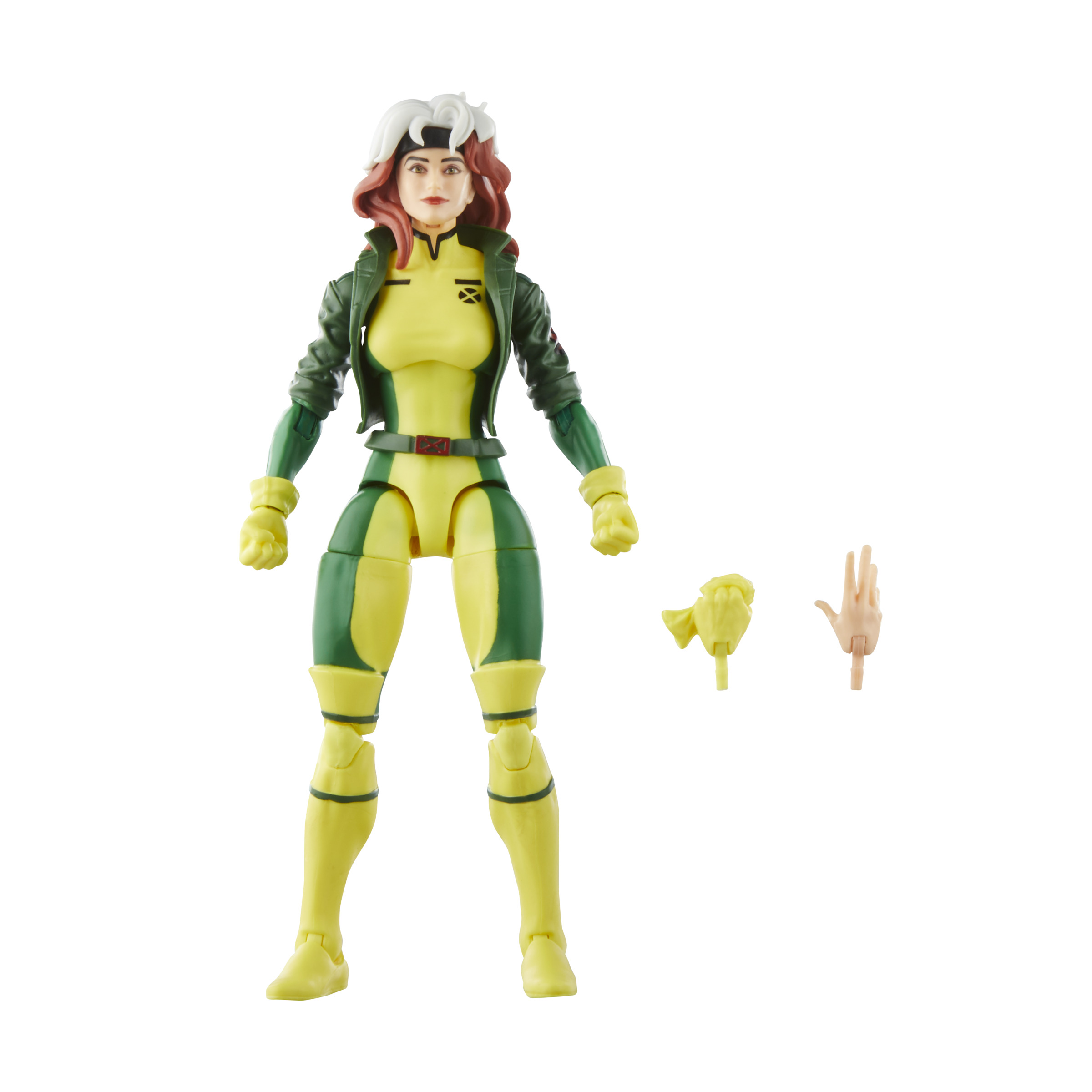 Figura de acción de Rogue con cabello blanco y traje amarillo y verde. Dos manos extra también están presentes.